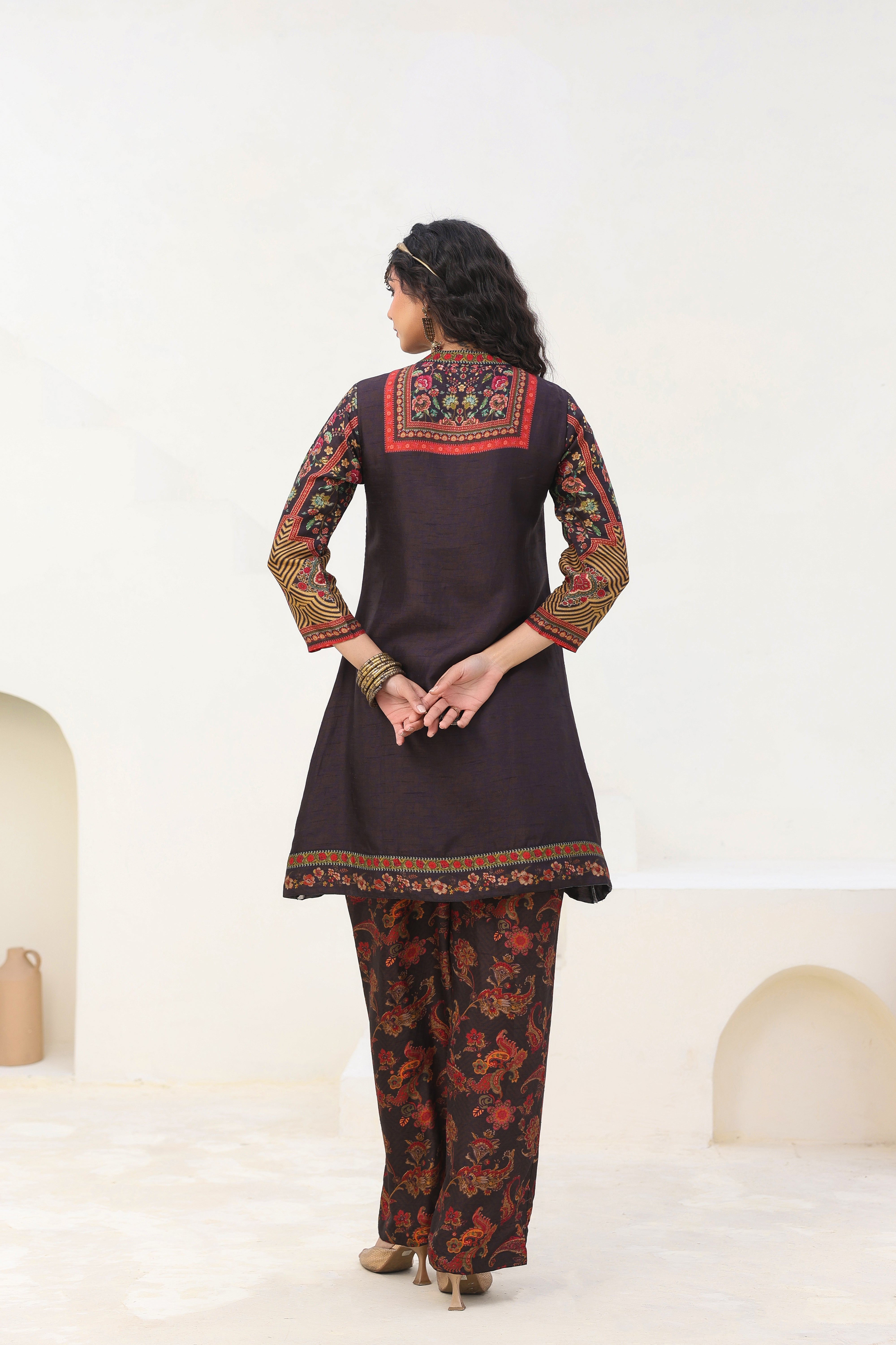 Royal Black Traditional Printed Dola Silk Kurta Pants Set