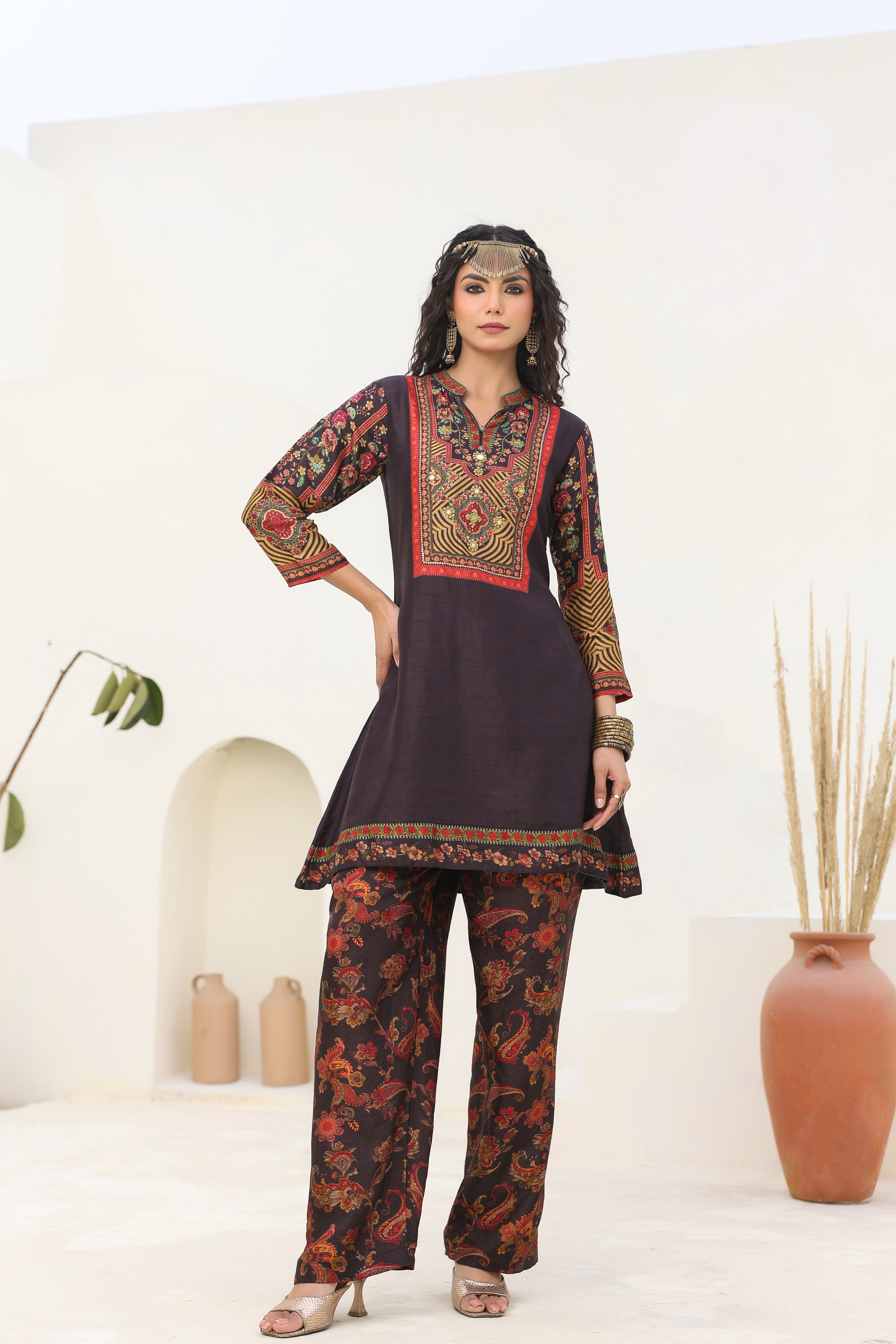 Royal Black Traditional Printed Dola Silk Kurta Pants Set