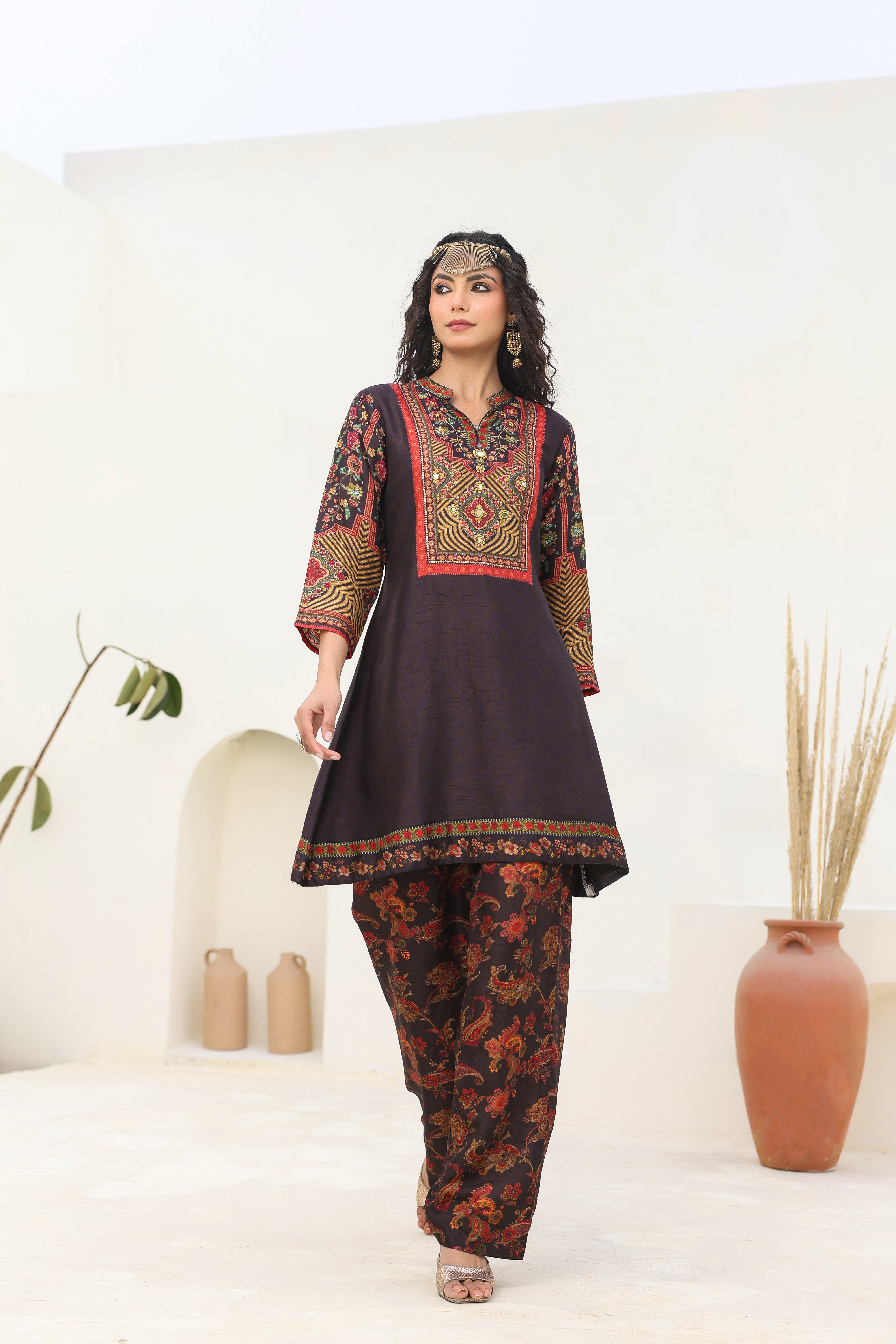 Royal Black Traditional Printed Dola Silk Kurta Pants Set