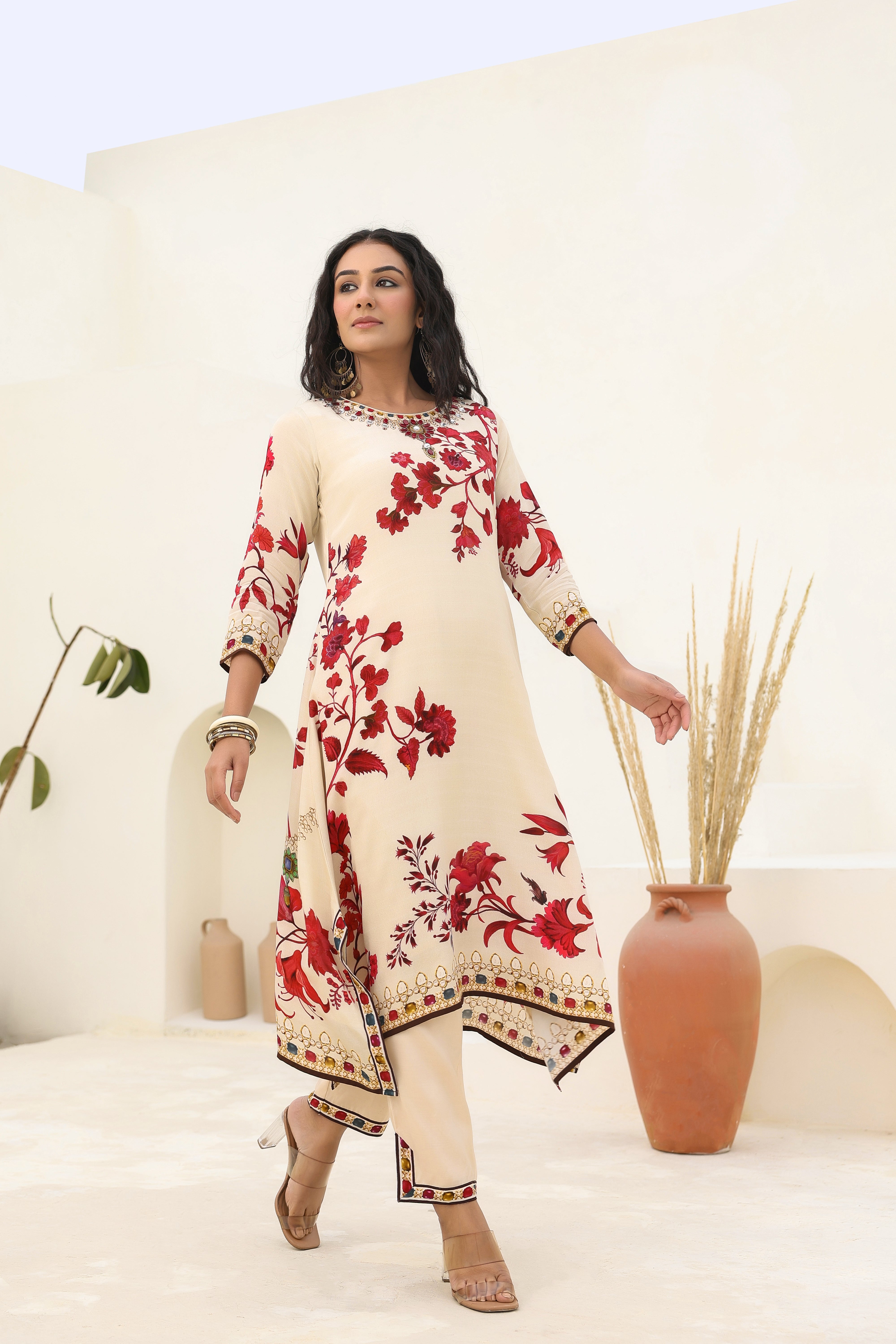 Beige Floral Printed Crepe Silk Kurta Pants Set