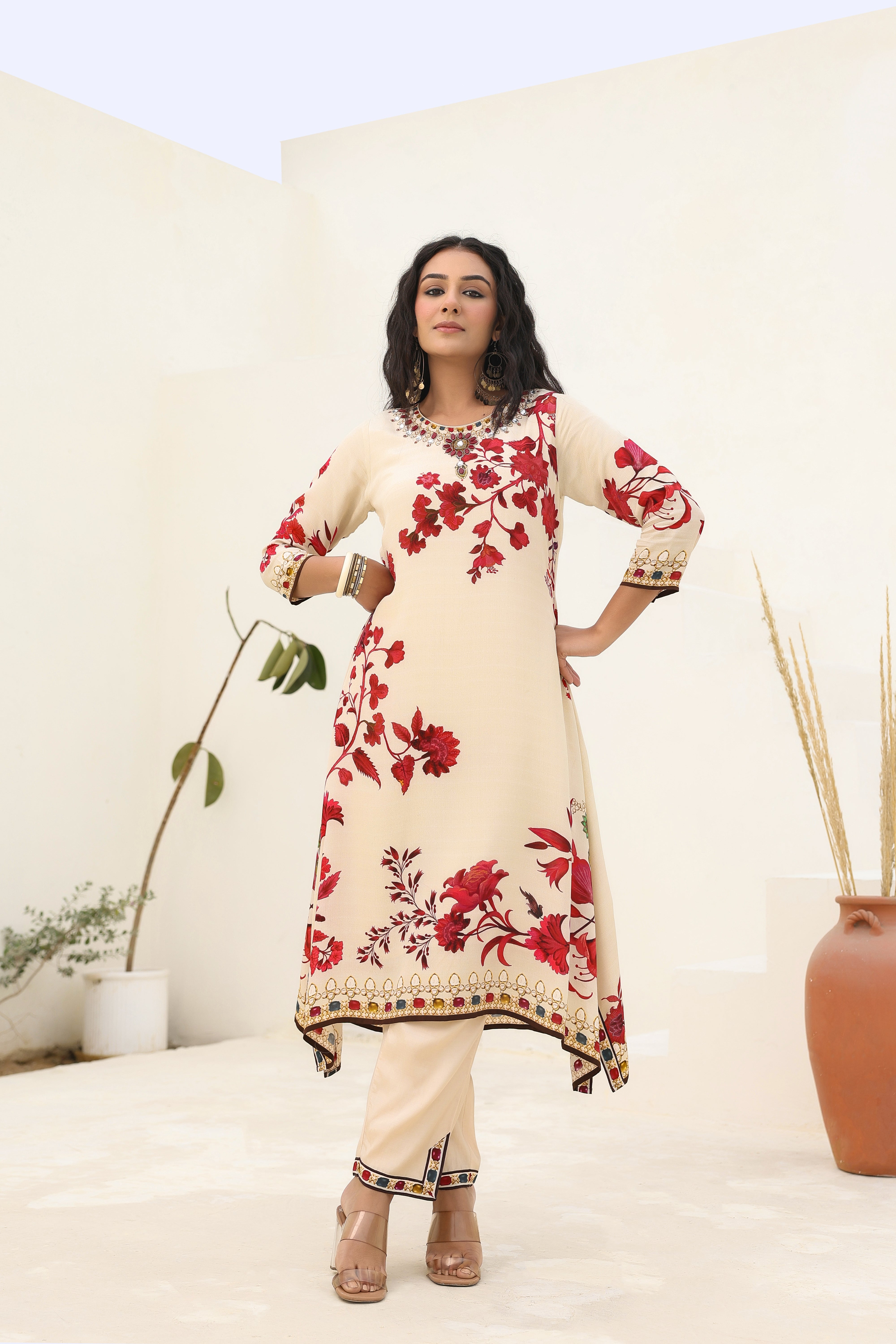 Beige Floral Printed Crepe Silk Kurta Pants Set