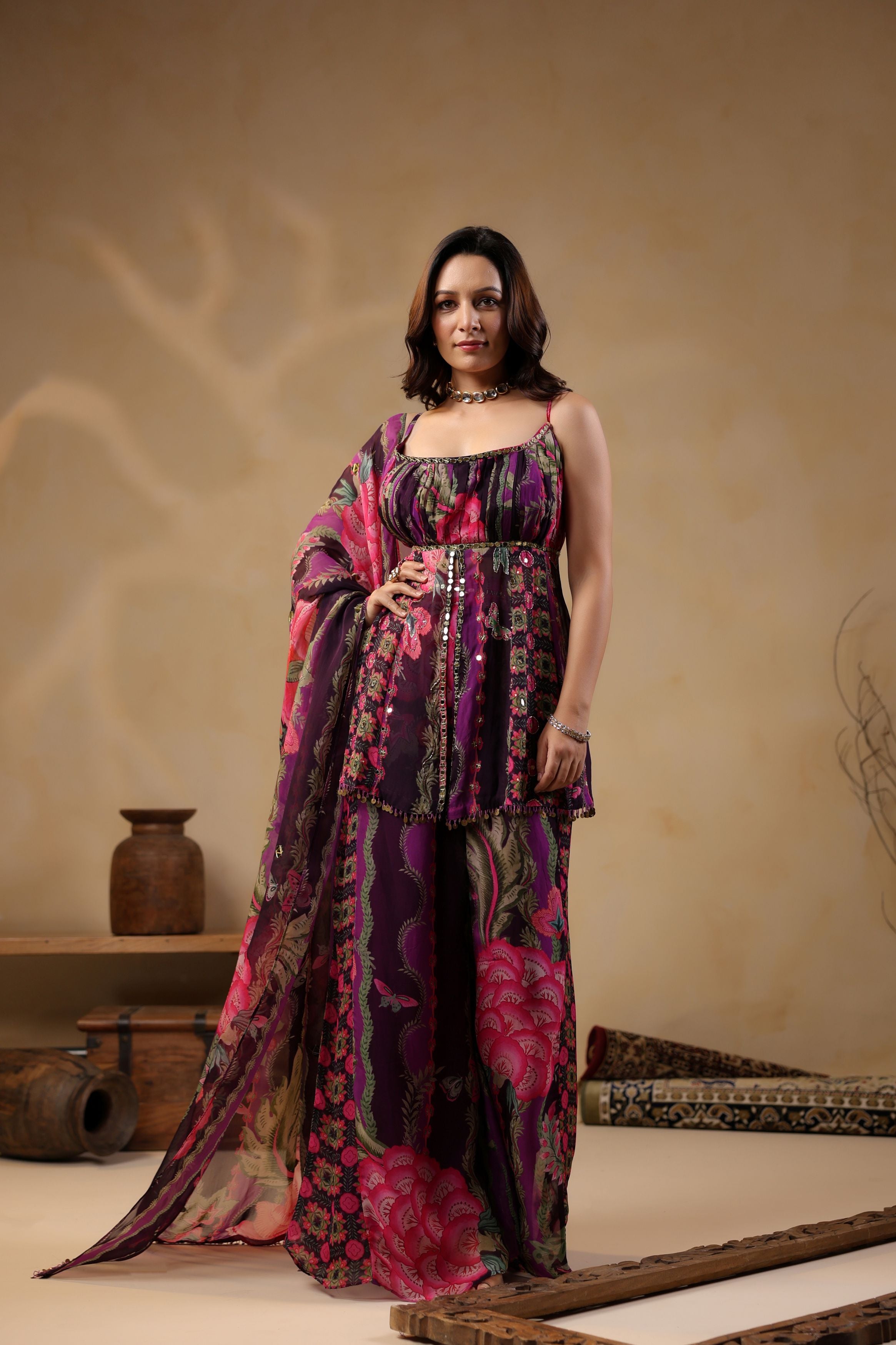Grape Purple Printed Georgette Silk Peplum Sharara Set