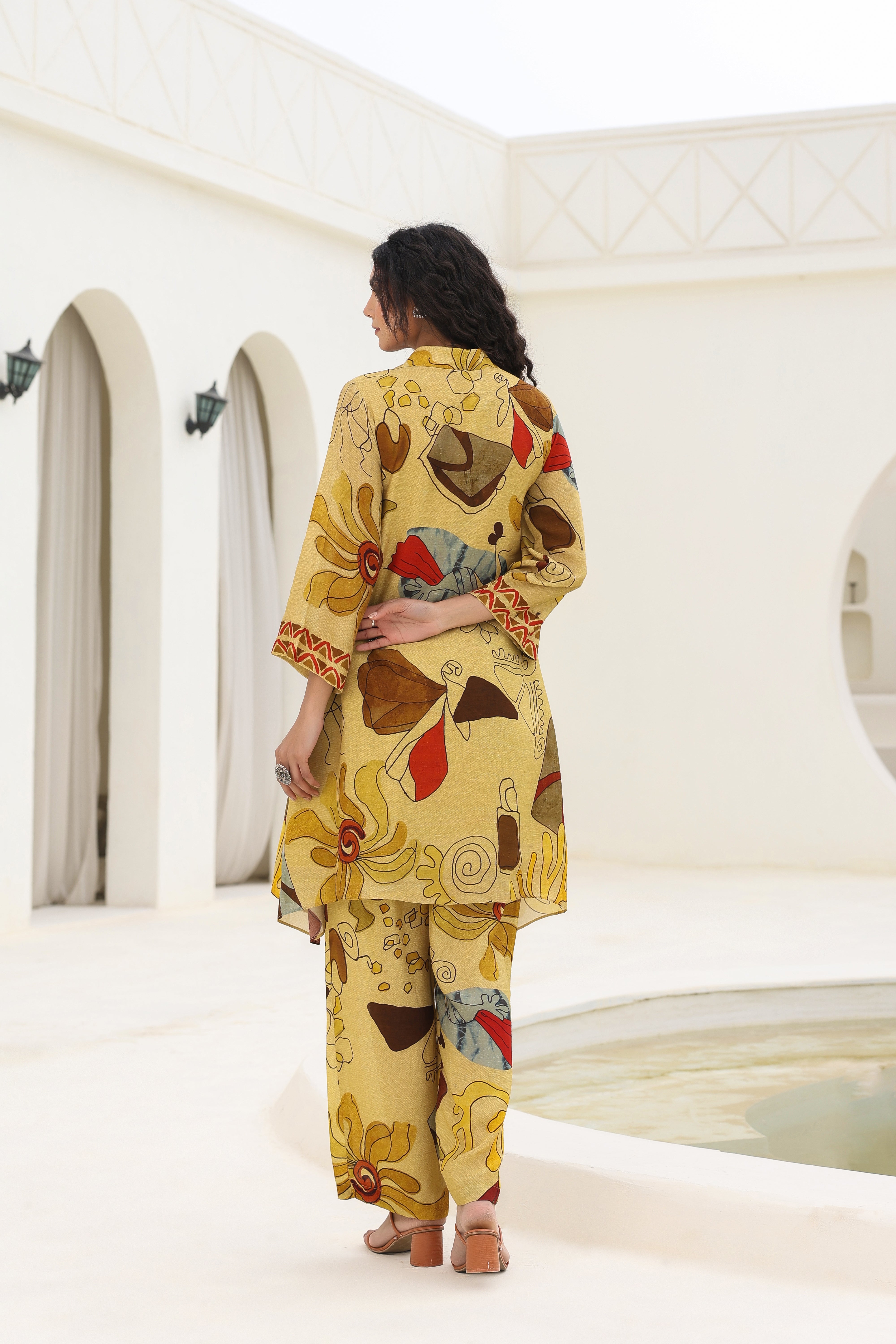 Mustard Abstract Printed Spanish Silk Kurta Pants Set