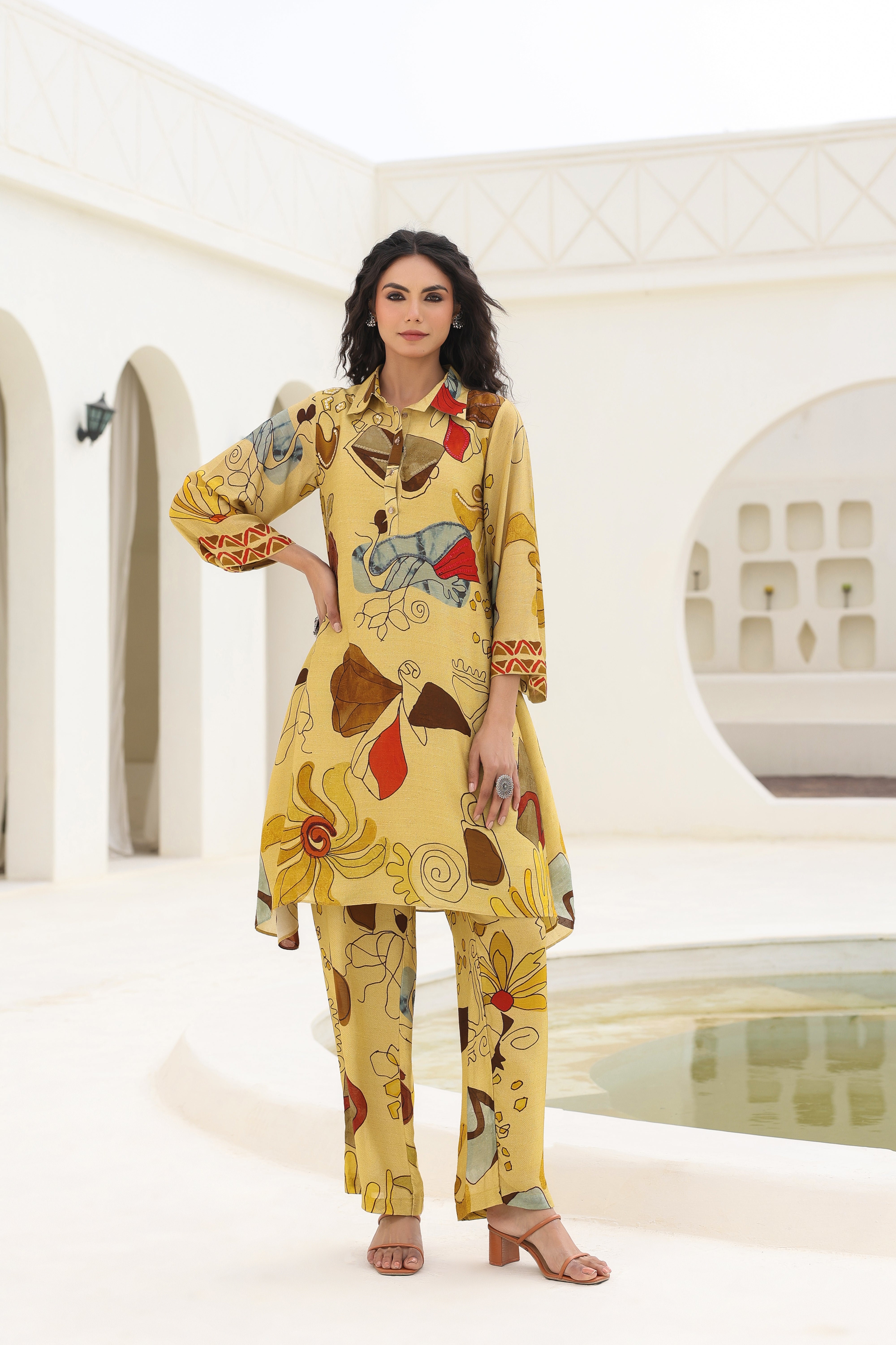 Mustard Abstract Printed Spanish Silk Kurta Pants Set