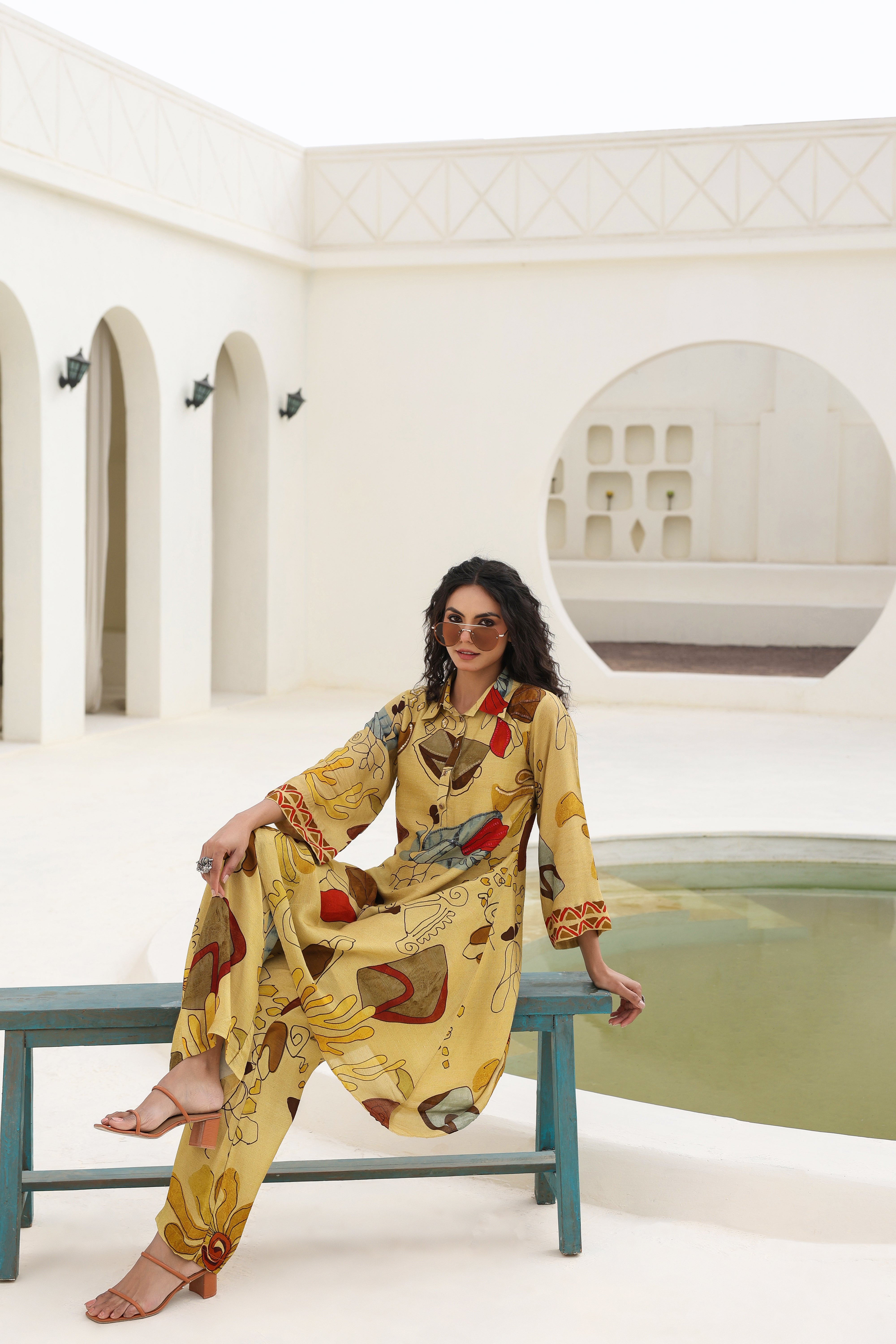 Mustard Abstract Printed Spanish Silk Kurta Pants Set