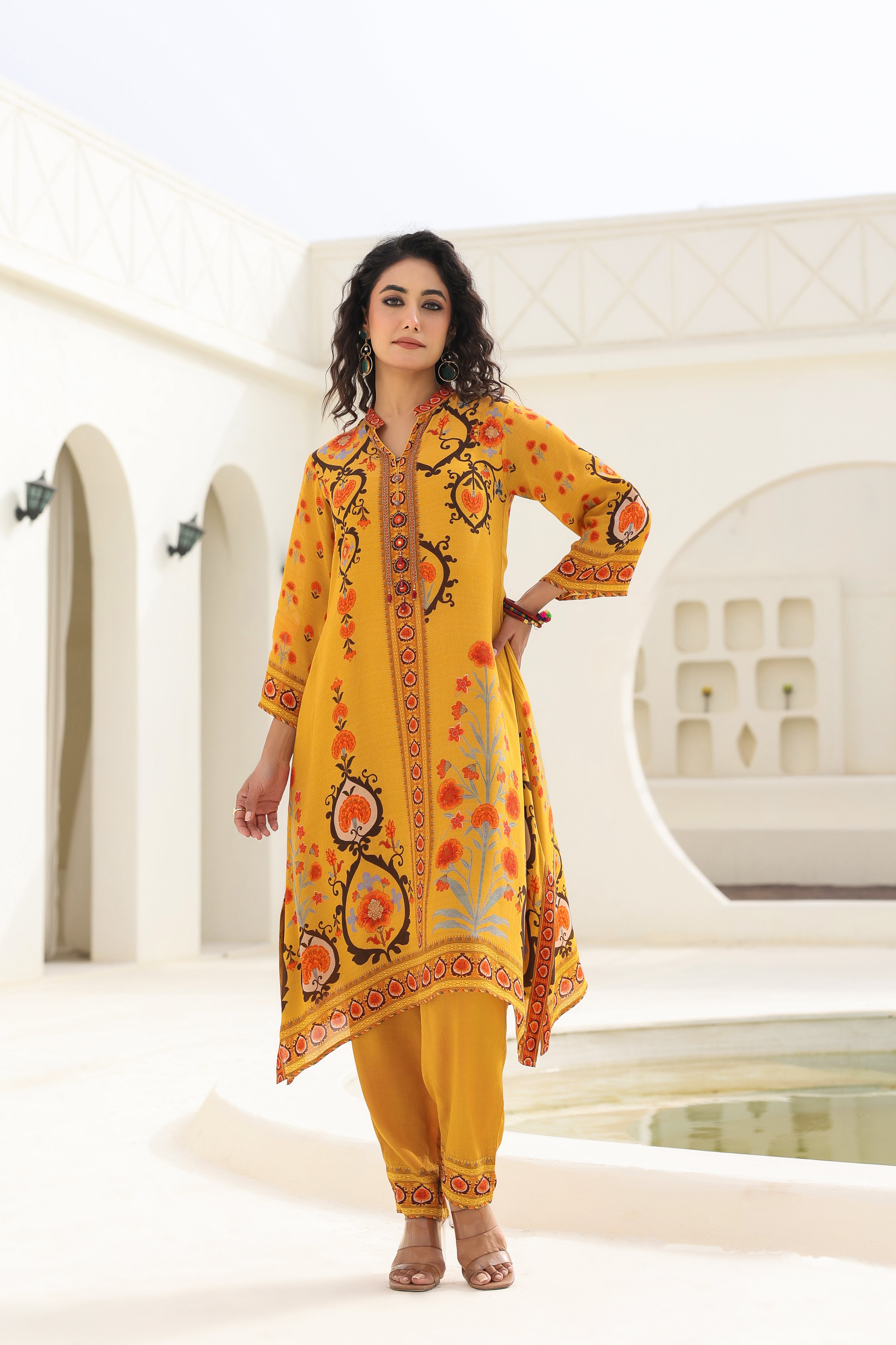 Mustard Ethnic Printed Crepe Silk Kurta Pants Set