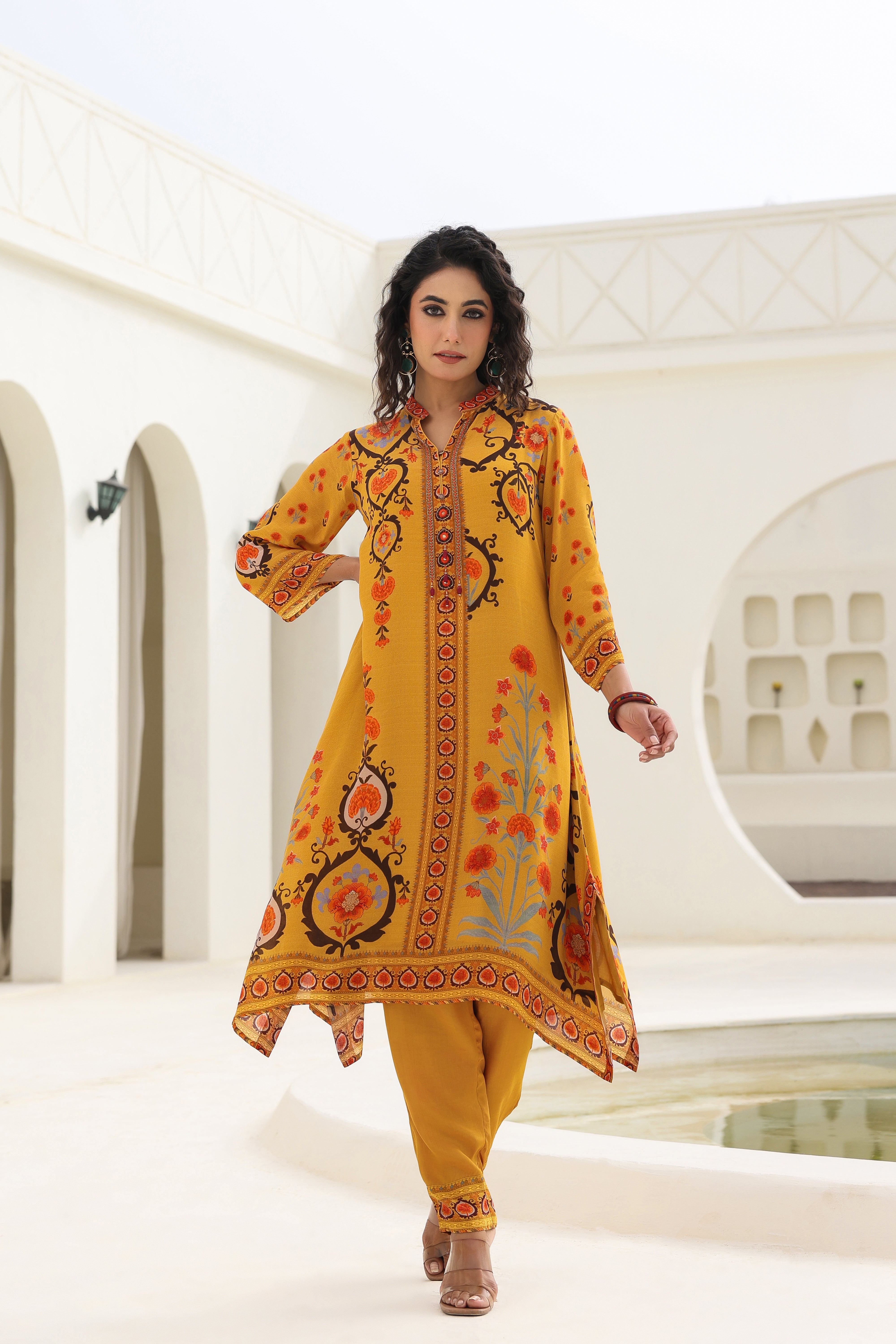 Mustard Ethnic Printed Crepe Silk Kurta Pants Set