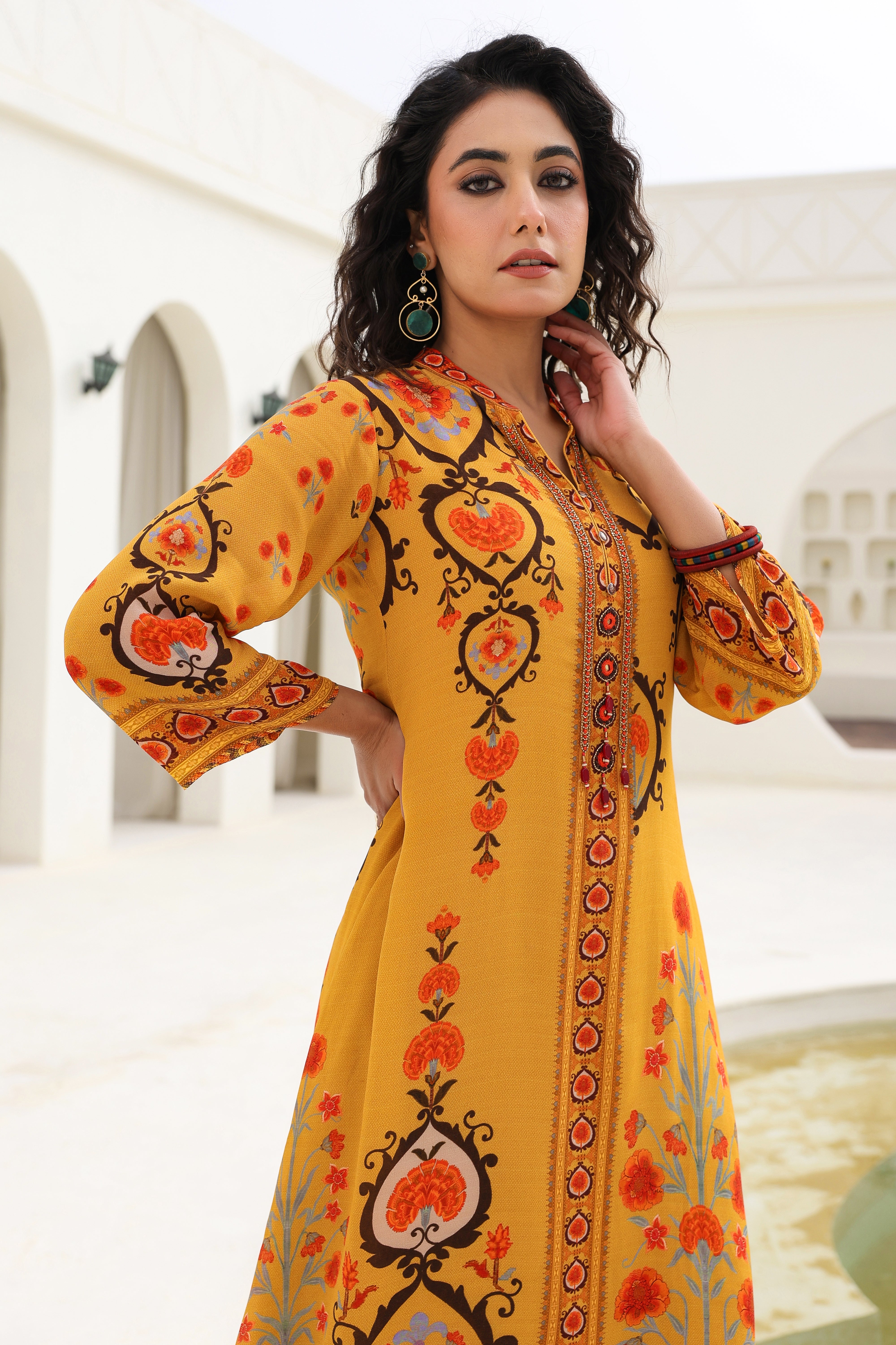 Mustard Ethnic Printed Crepe Silk Kurta Pants Set