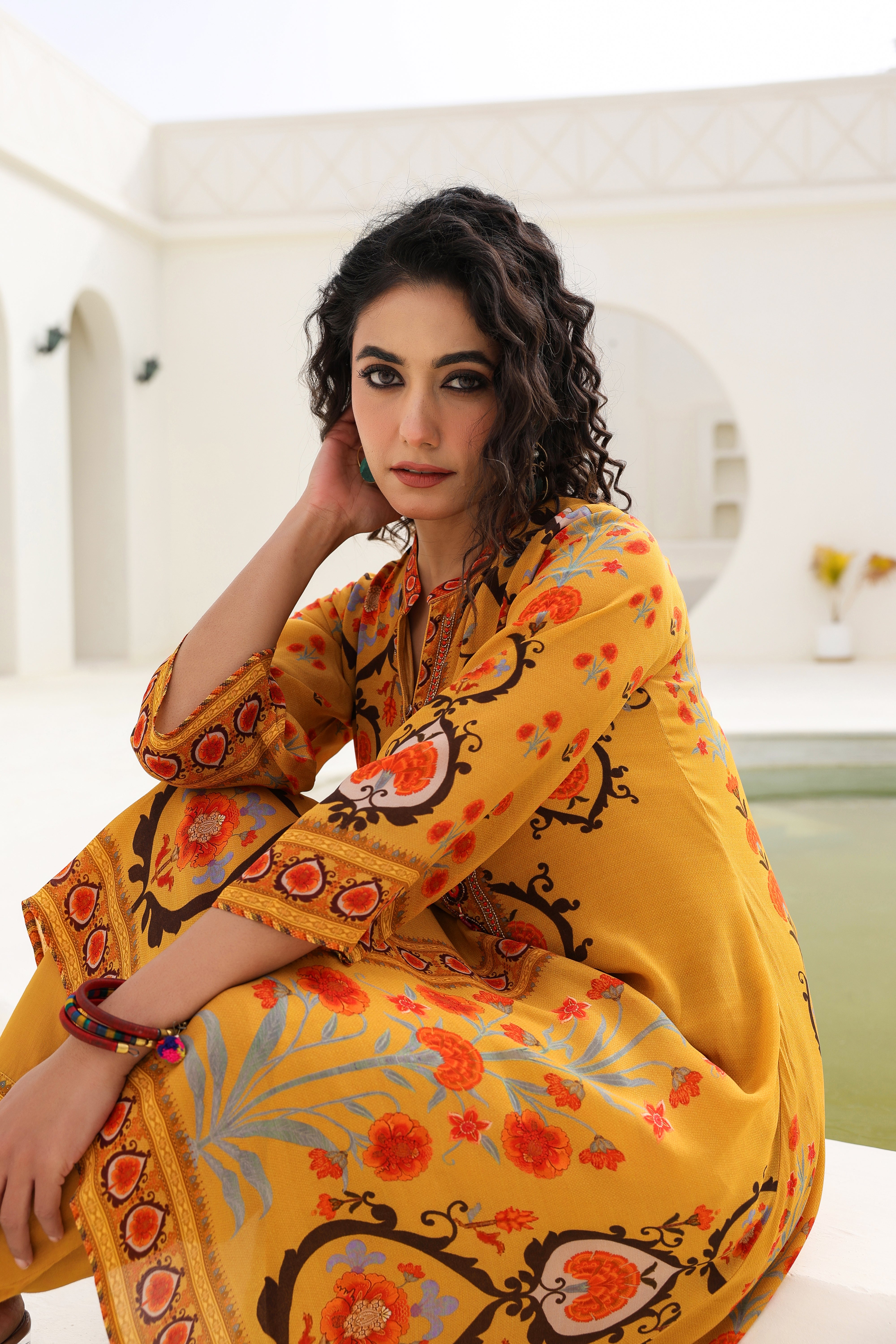 Mustard Ethnic Printed Crepe Silk Kurta Pants Set