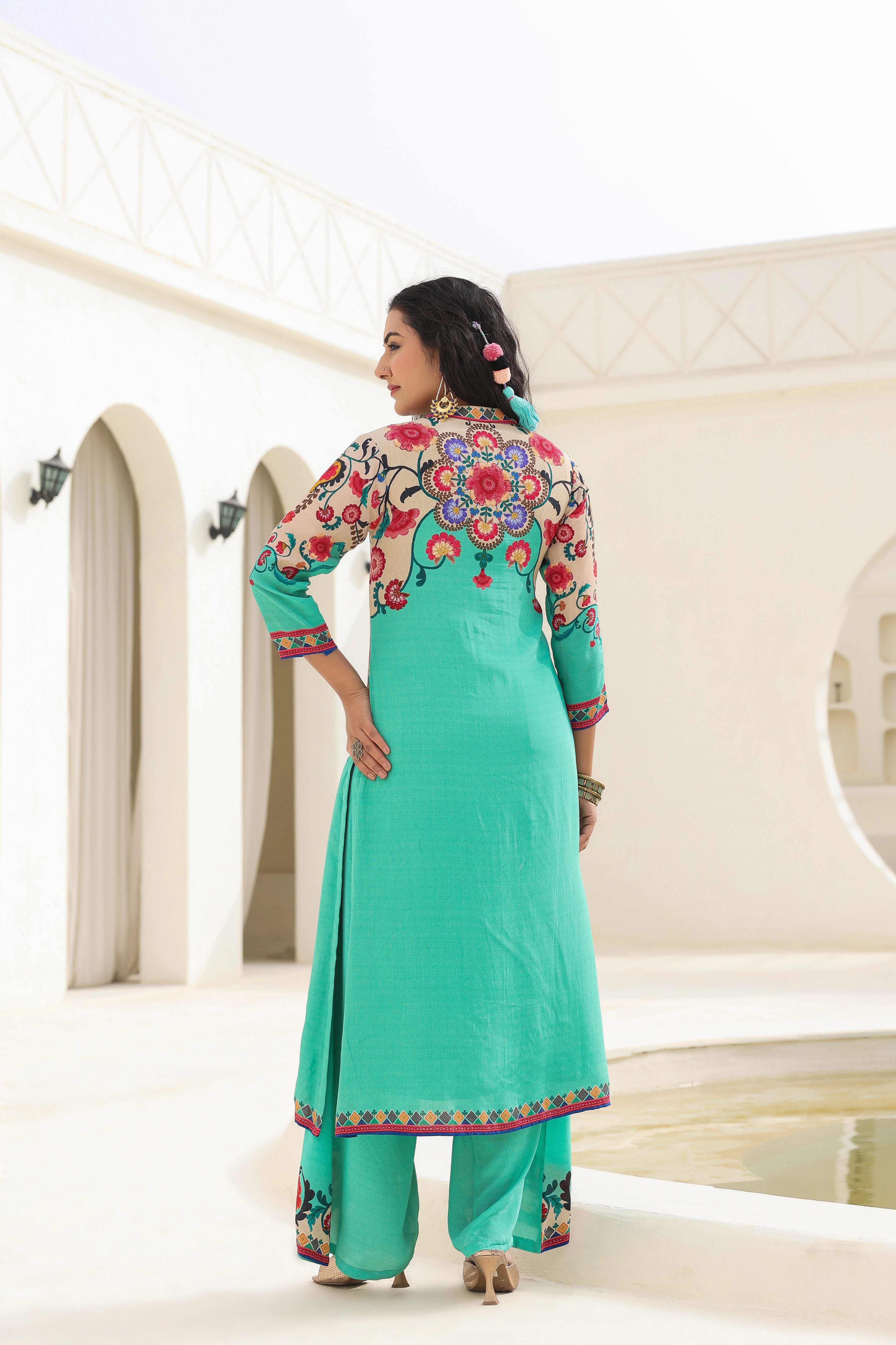 Turquoise Ethnic Printed Crepe Silk Kurta Palazzo Set