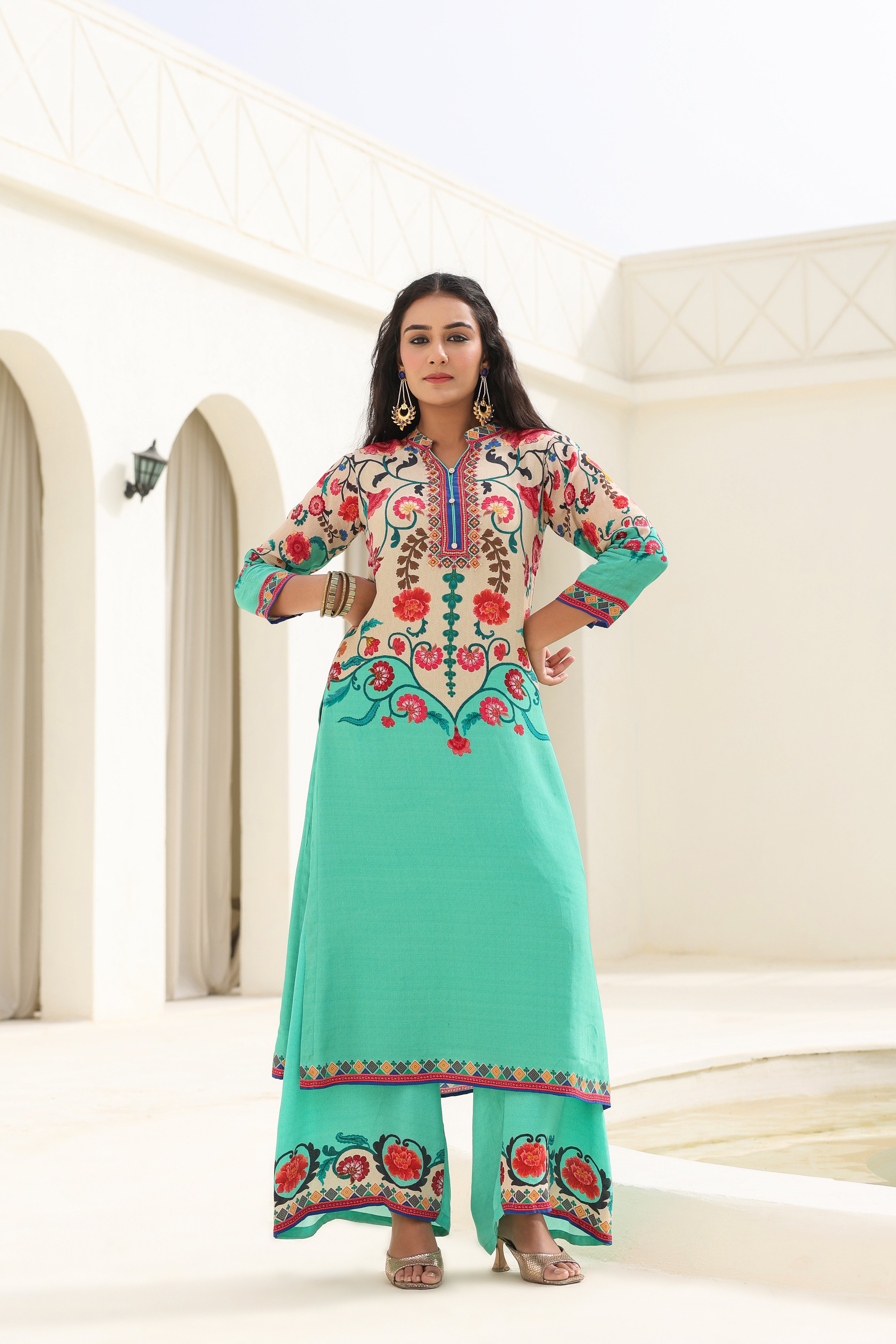 Turquoise Ethnic Printed Crepe Silk Kurta Palazzo Set