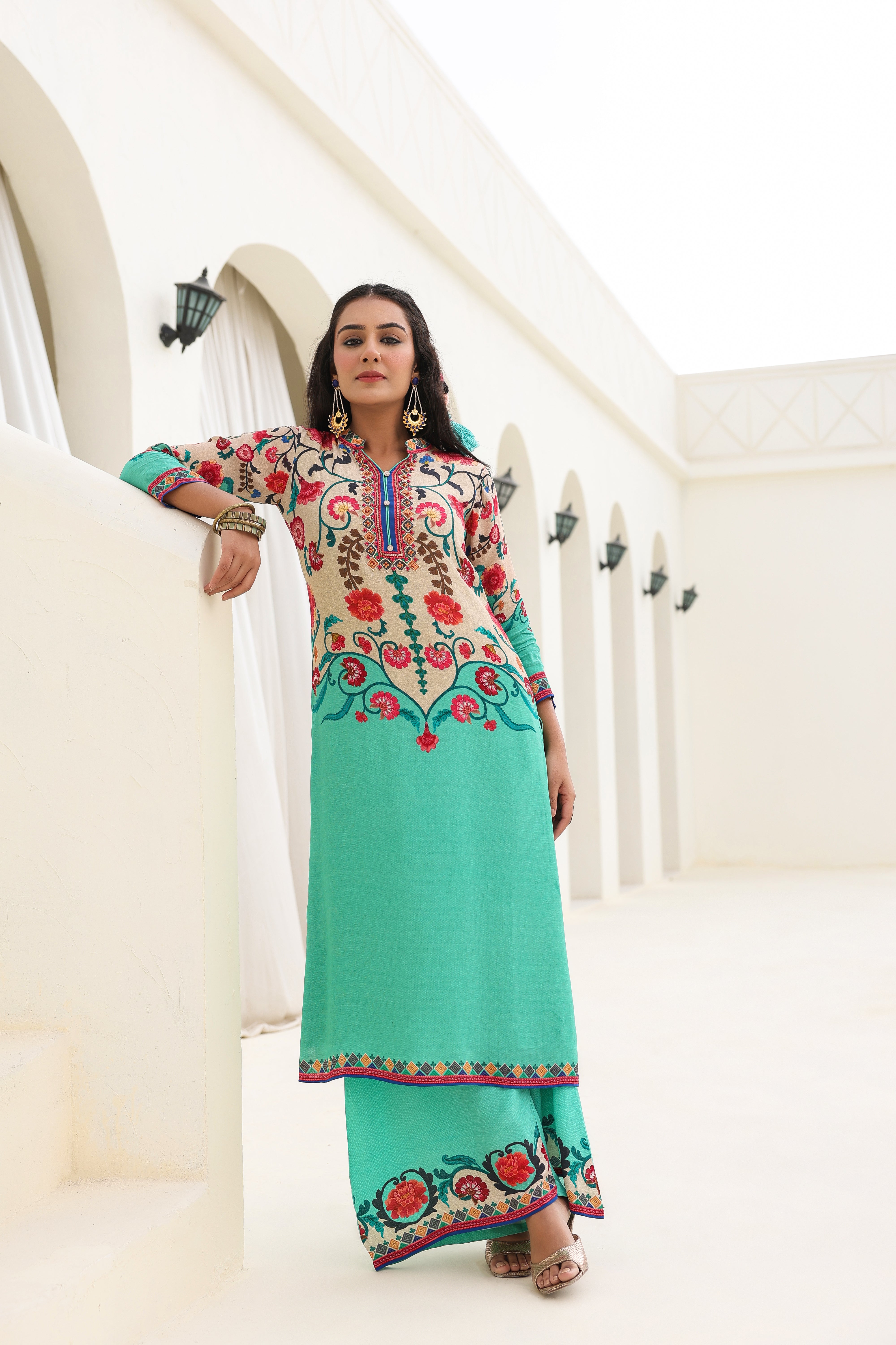 Turquoise Ethnic Printed Crepe Silk Kurta Palazzo Set