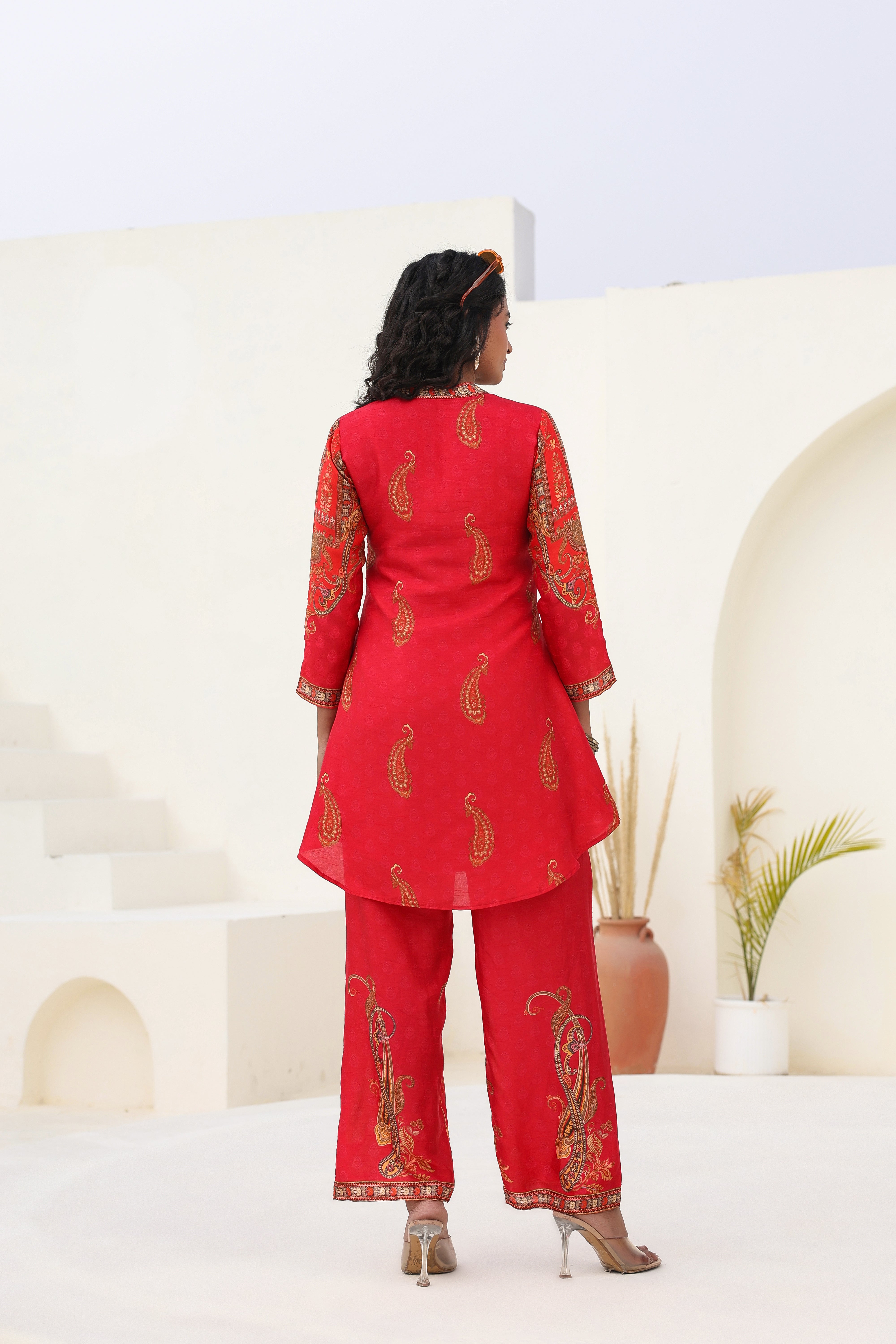 Regal Red Traditional Printed Dola Silk Kurta Pants Set