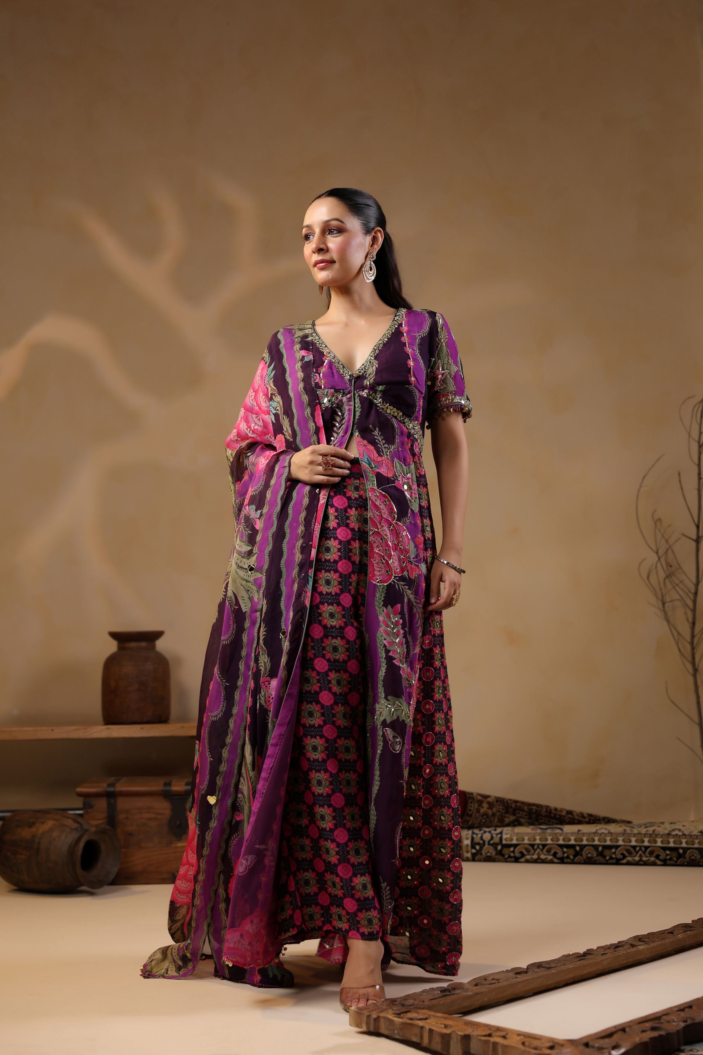 Grape Purple Printed Georgette Silk Tunic With Pants