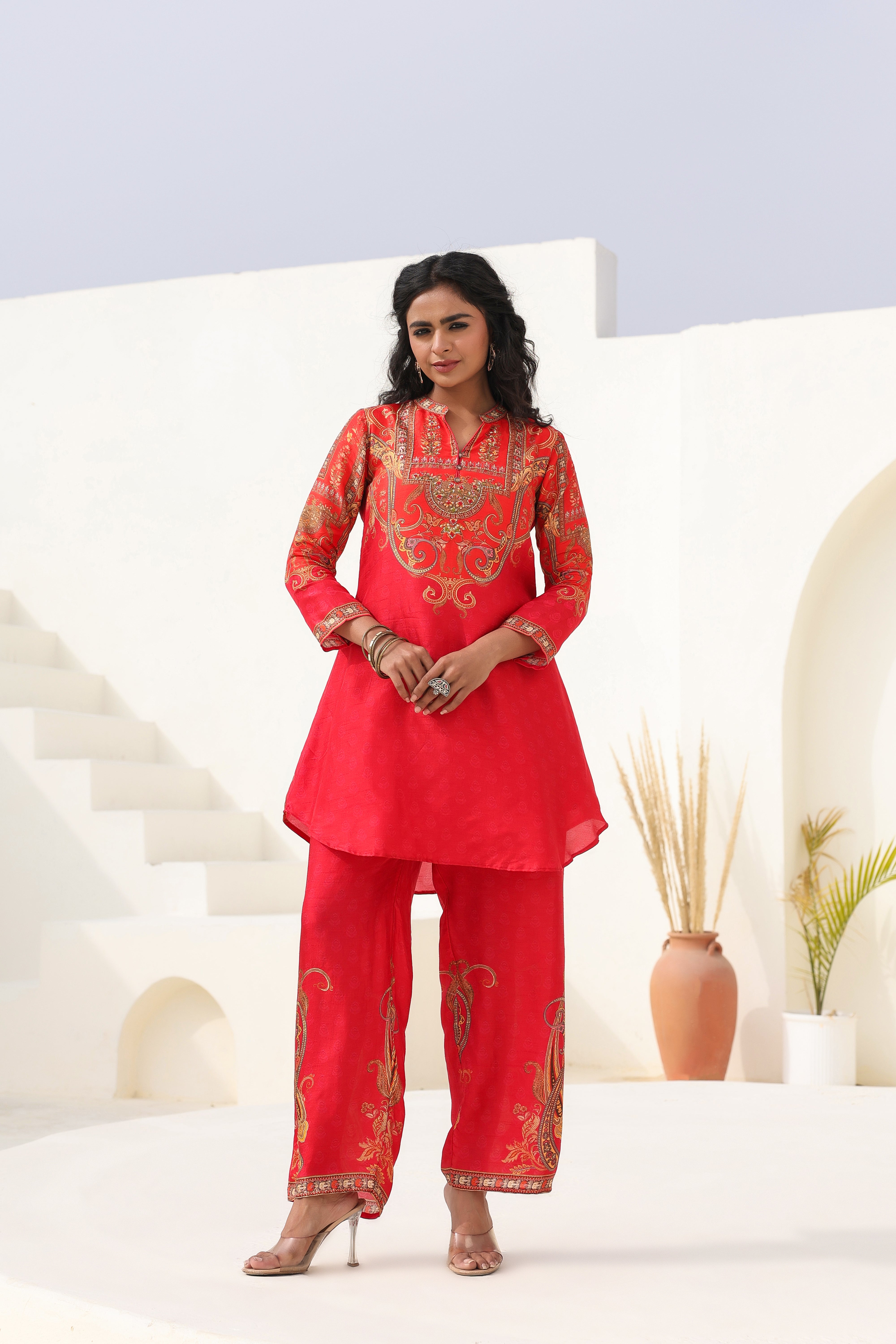 Regal Red Traditional Printed Dola Silk Kurta Pants Set