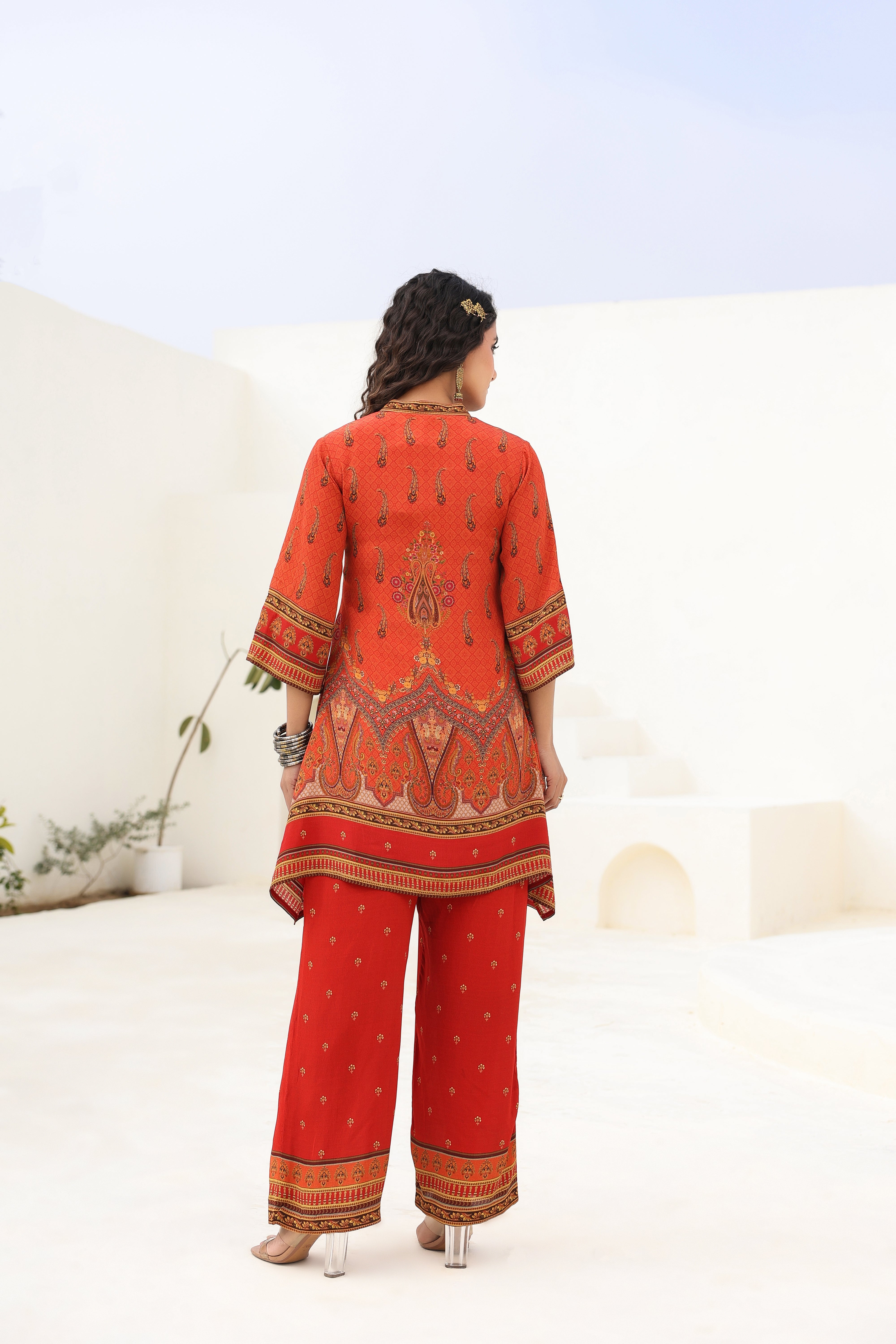 Red Traditional Printed Crepe Silk Kurta Pants Set