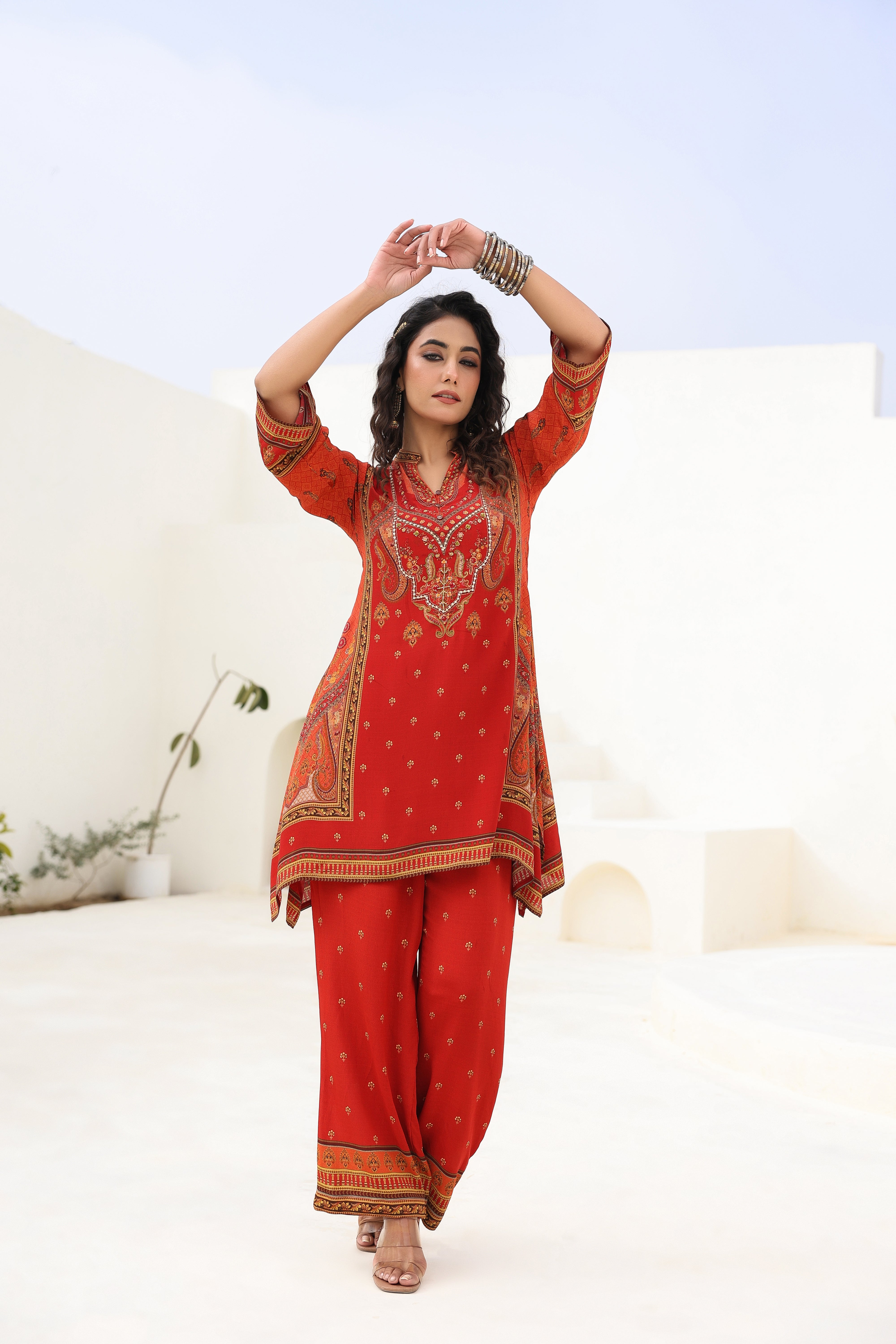 Red Traditional Printed Crepe Silk Kurta Pants Set