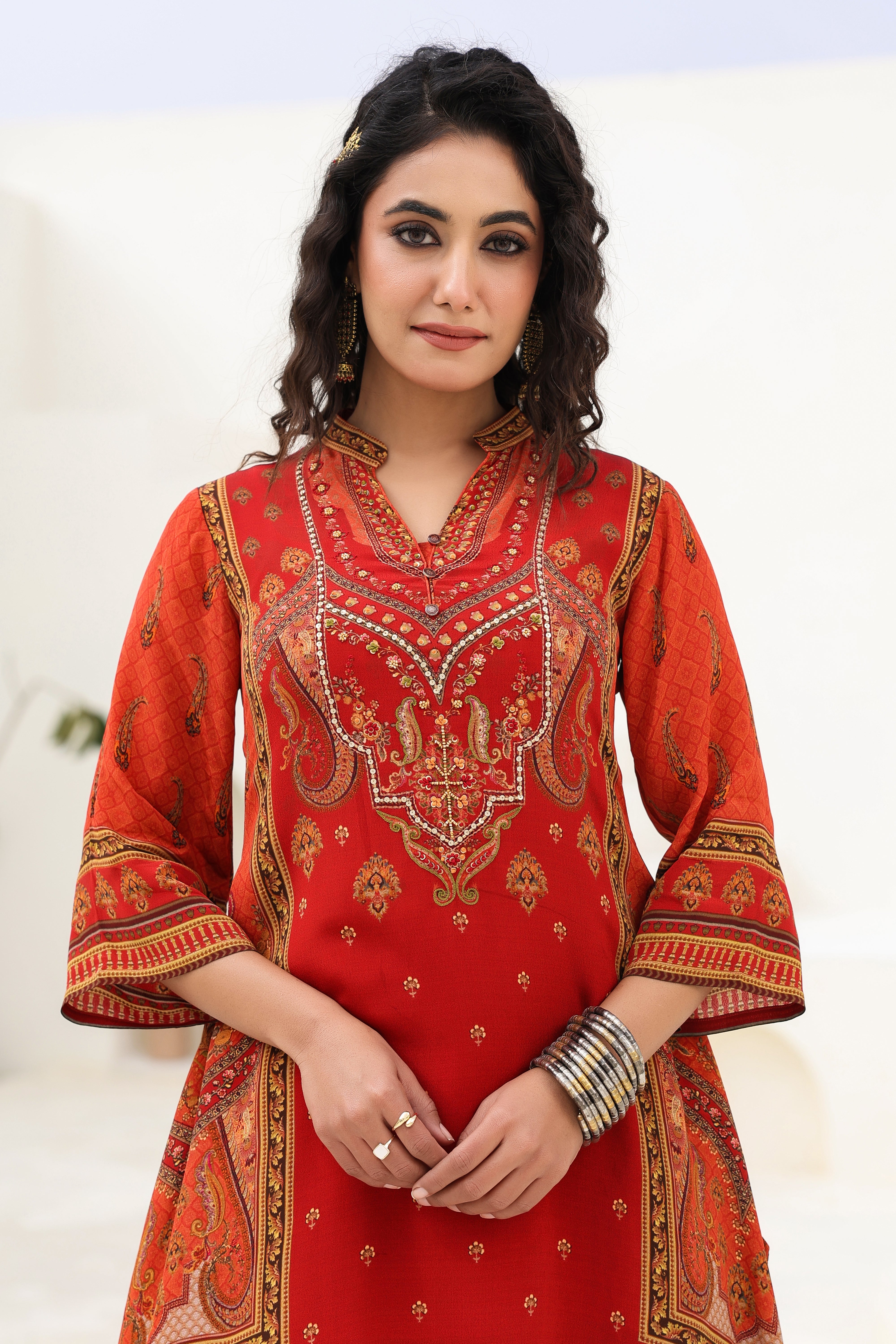 Red Traditional Printed Crepe Silk Kurta Pants Set