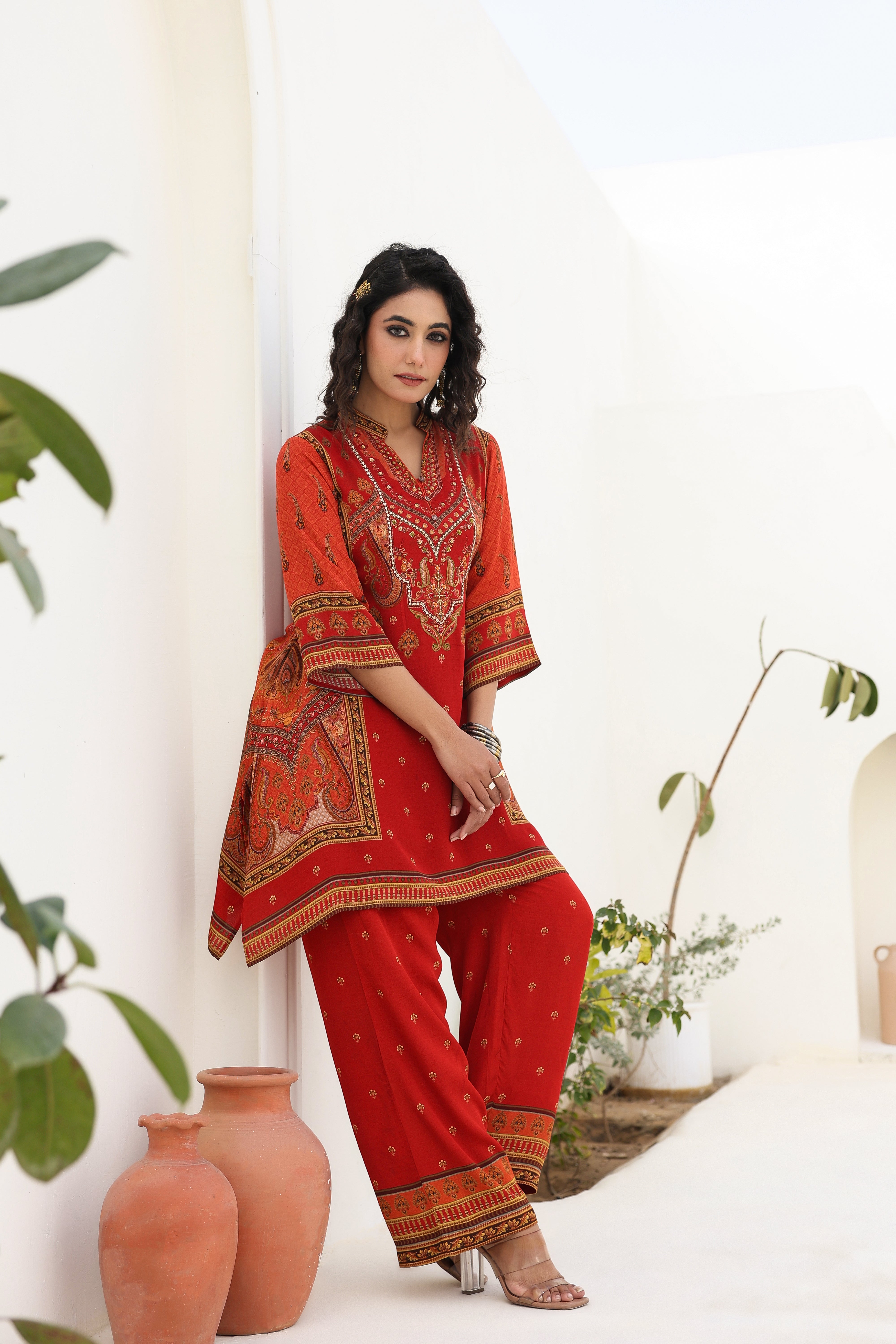 Red Traditional Printed Crepe Silk Kurta Pants Set