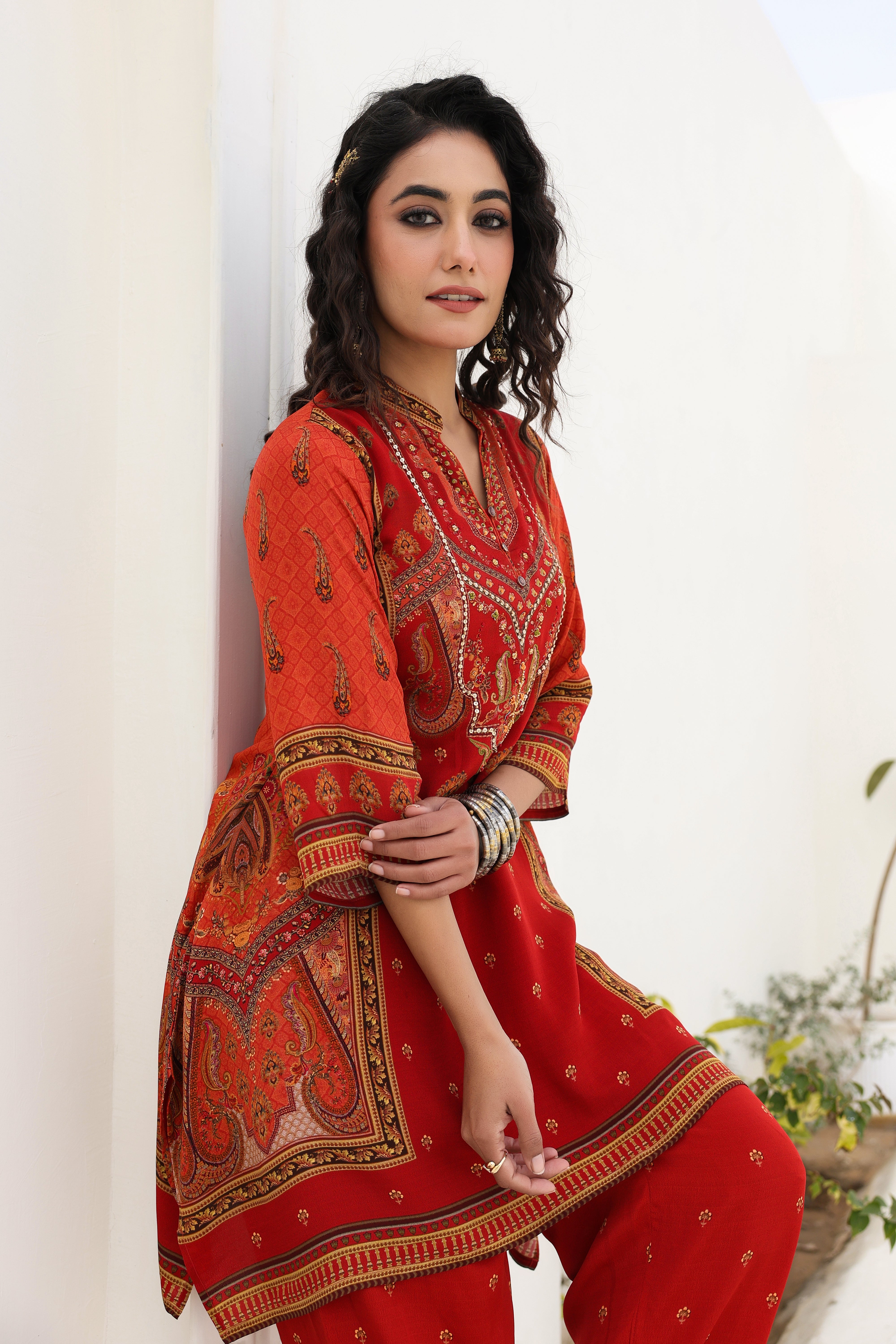 Red Traditional Printed Crepe Silk Kurta Pants Set