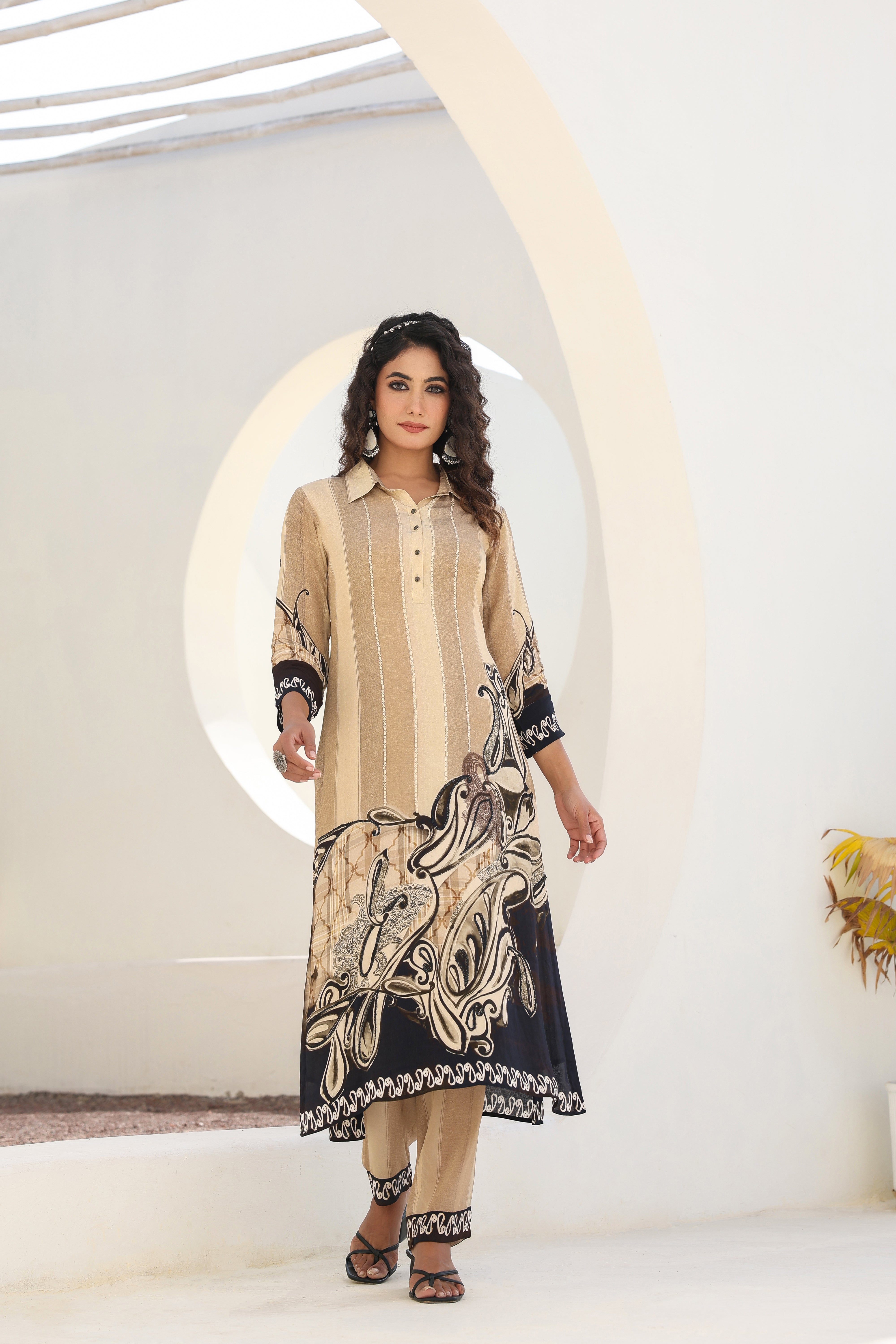 Beige Abstract Printed Crepe Silk Kurta Pants Set