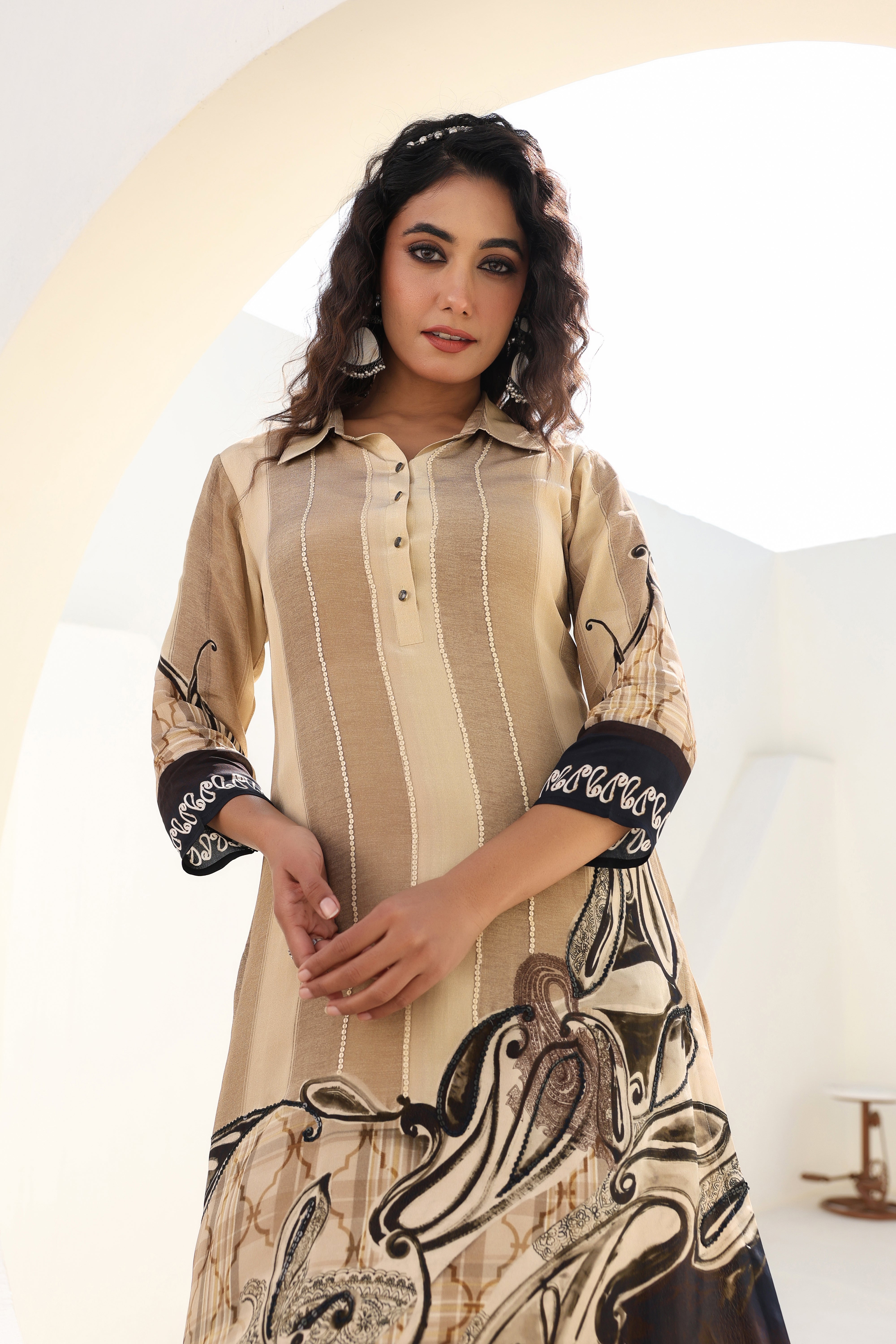 Beige Abstract Printed Crepe Silk Kurta Pants Set