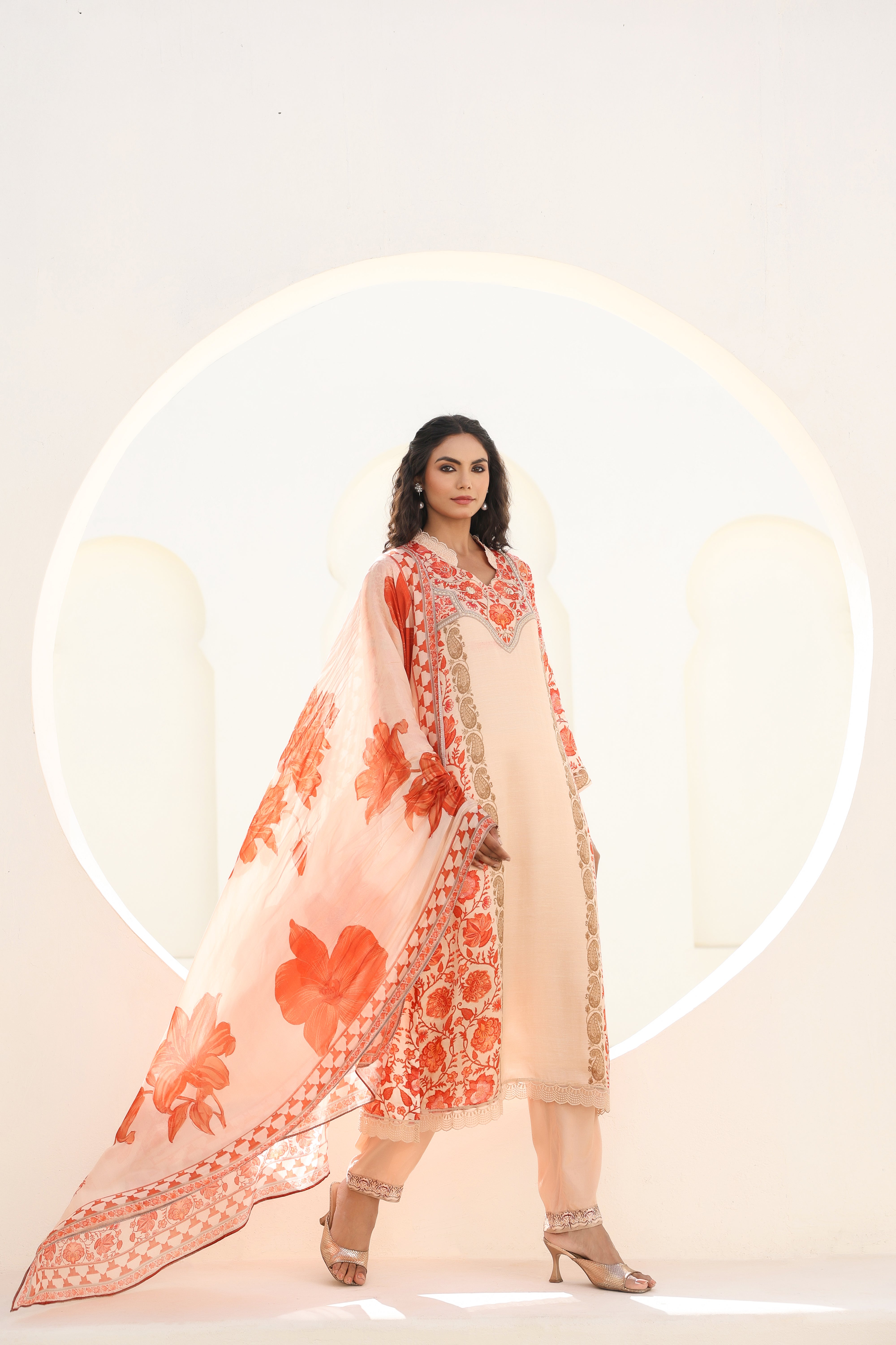 Peach Floral Printed Dola Silk Kurta Pants Set