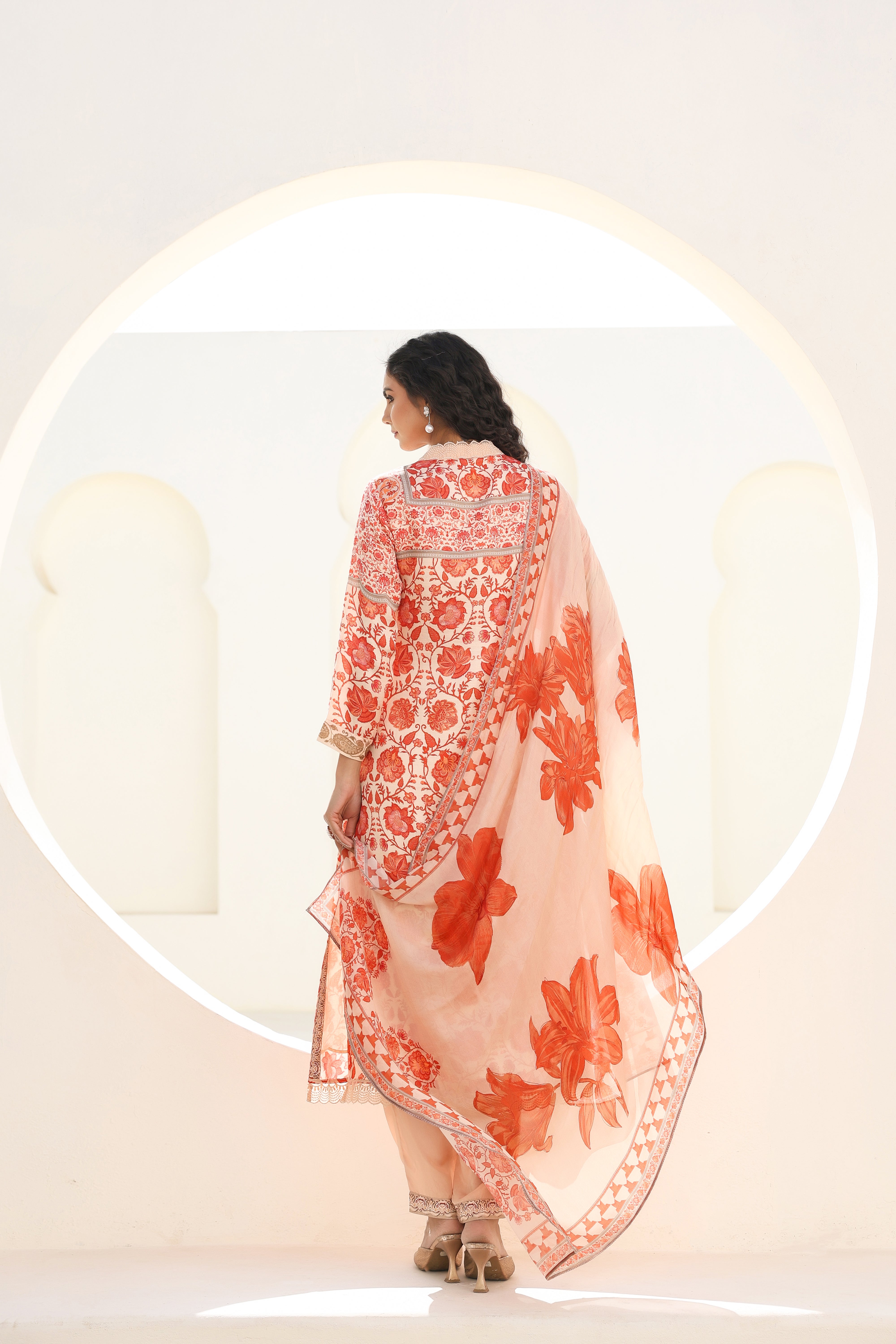 Peach Floral Printed Dola Silk Kurta Pants Set