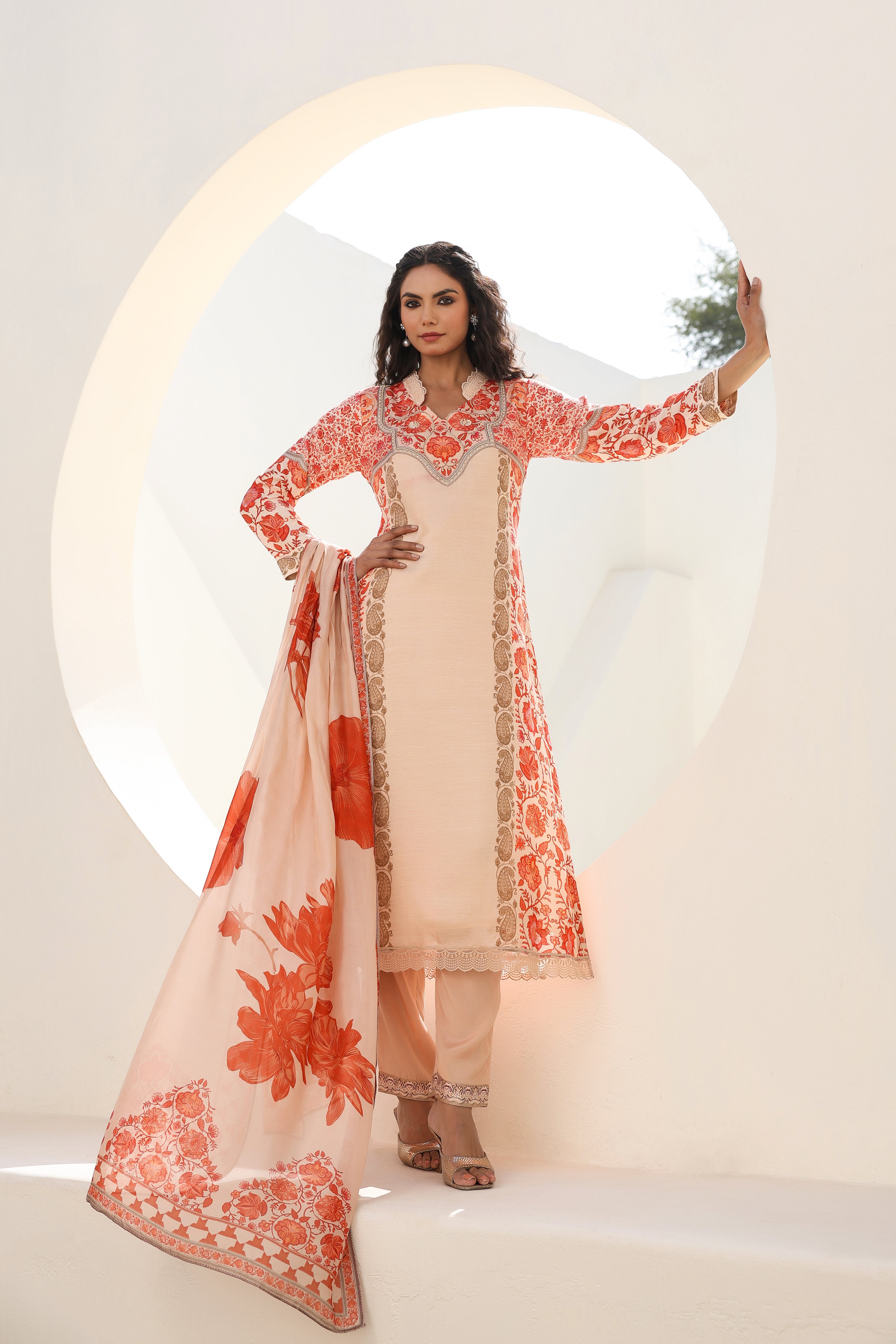 Peach Floral Printed Dola Silk Kurta Pants Set