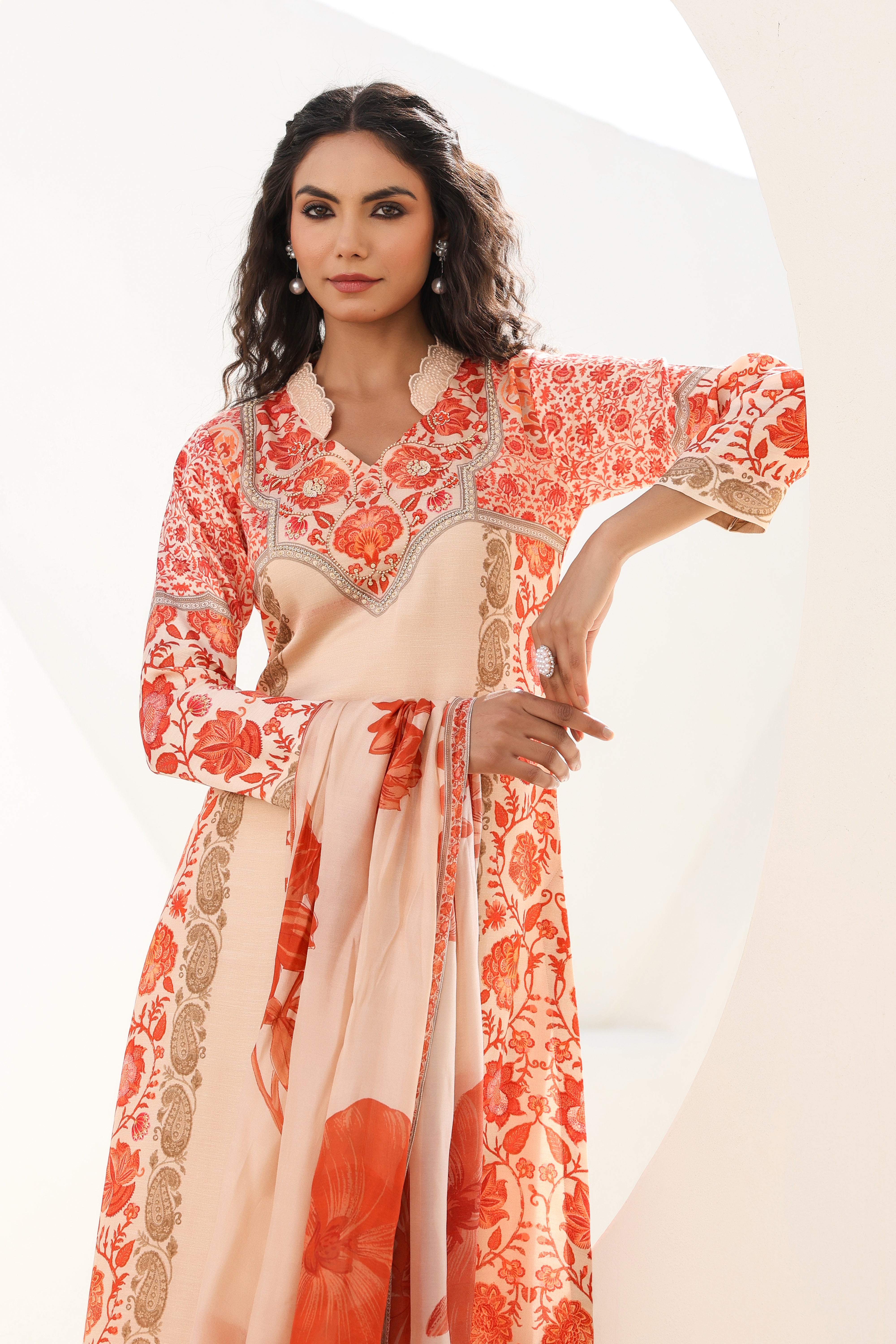 Peach Floral Printed Dola Silk Kurta Pants Set