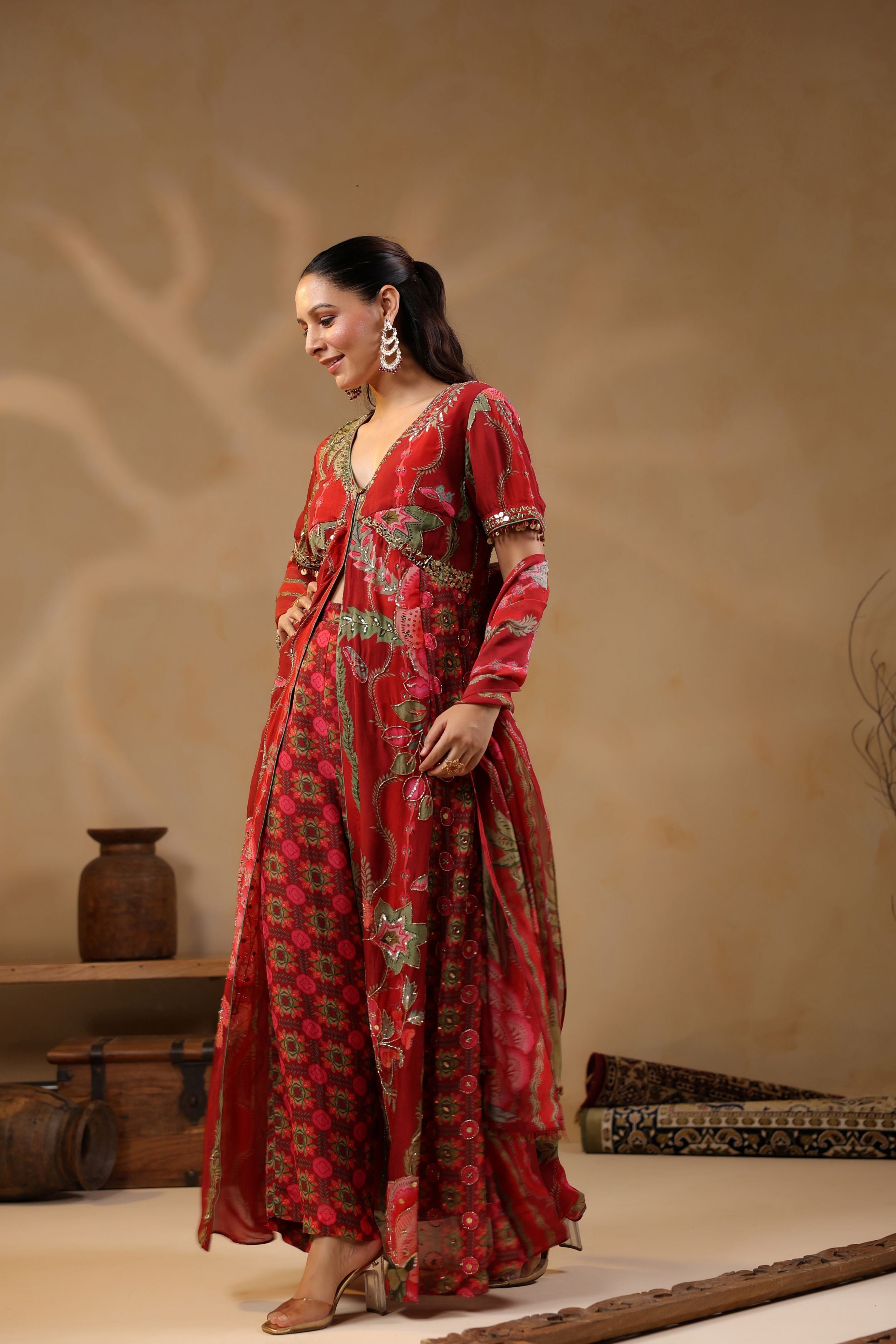 Rose Red Printed Georgette Silk Tunic With Pants