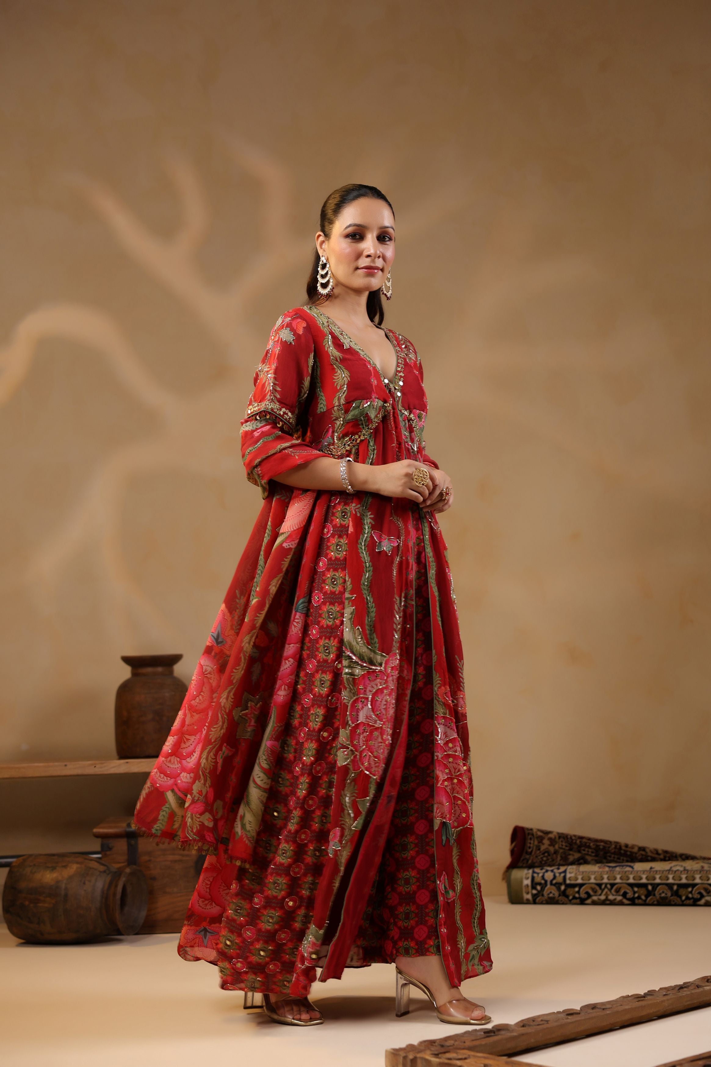 Rose Red Printed Georgette Silk Tunic With Pants