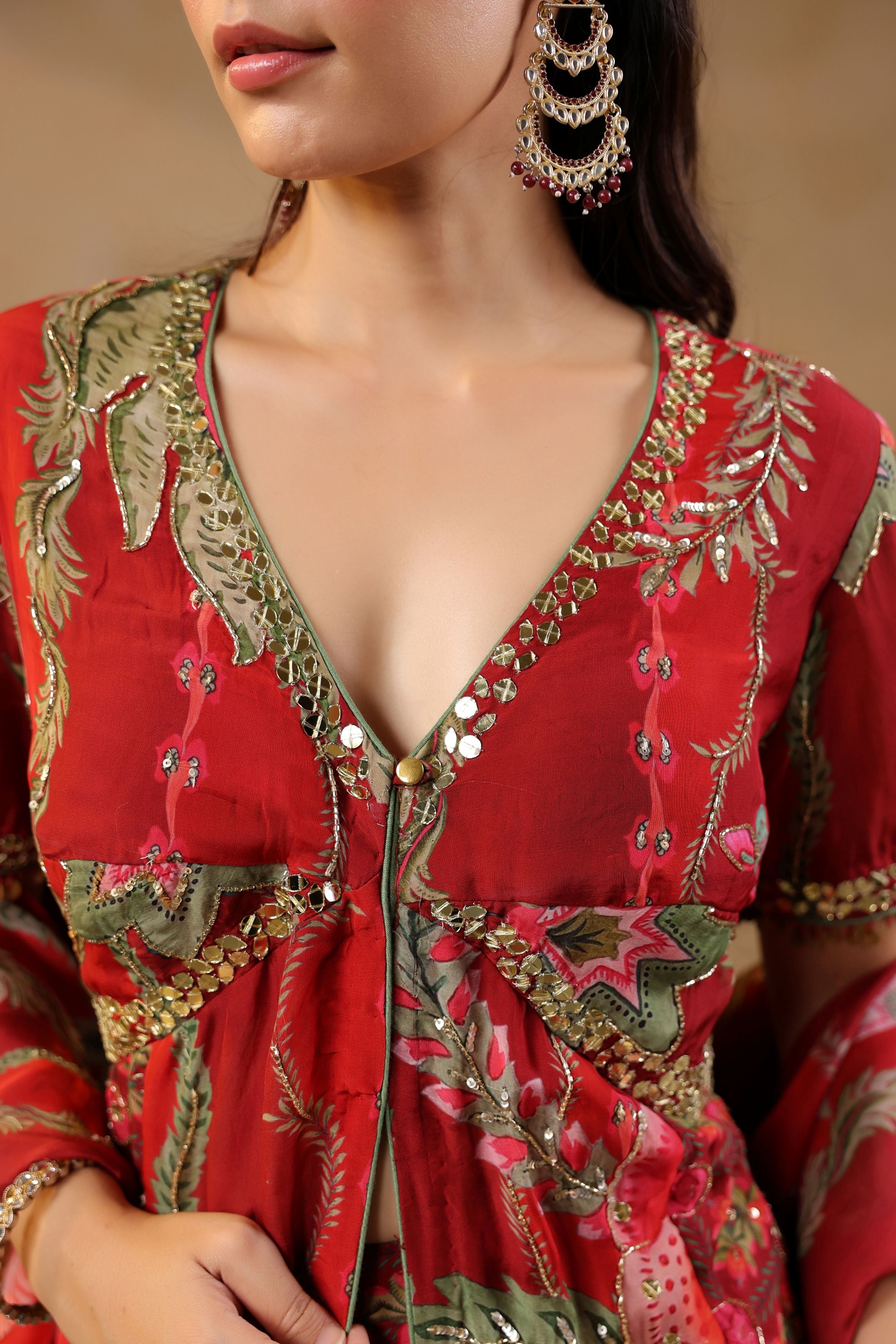 Rose Red Printed Georgette Silk Tunic With Pants