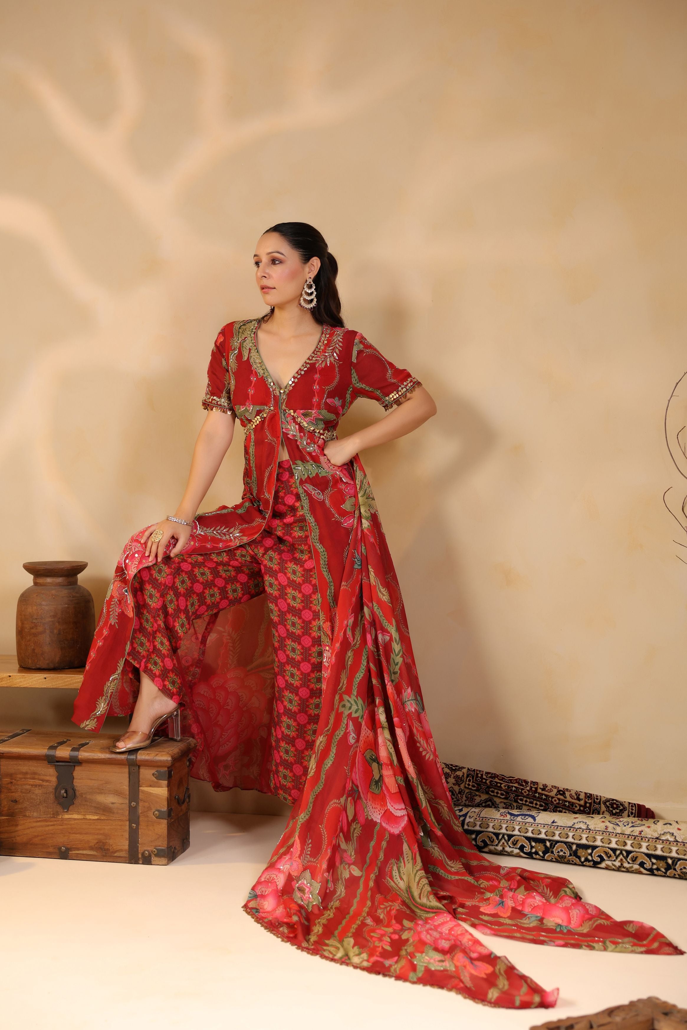 Rose Red Printed Georgette Silk Tunic With Pants