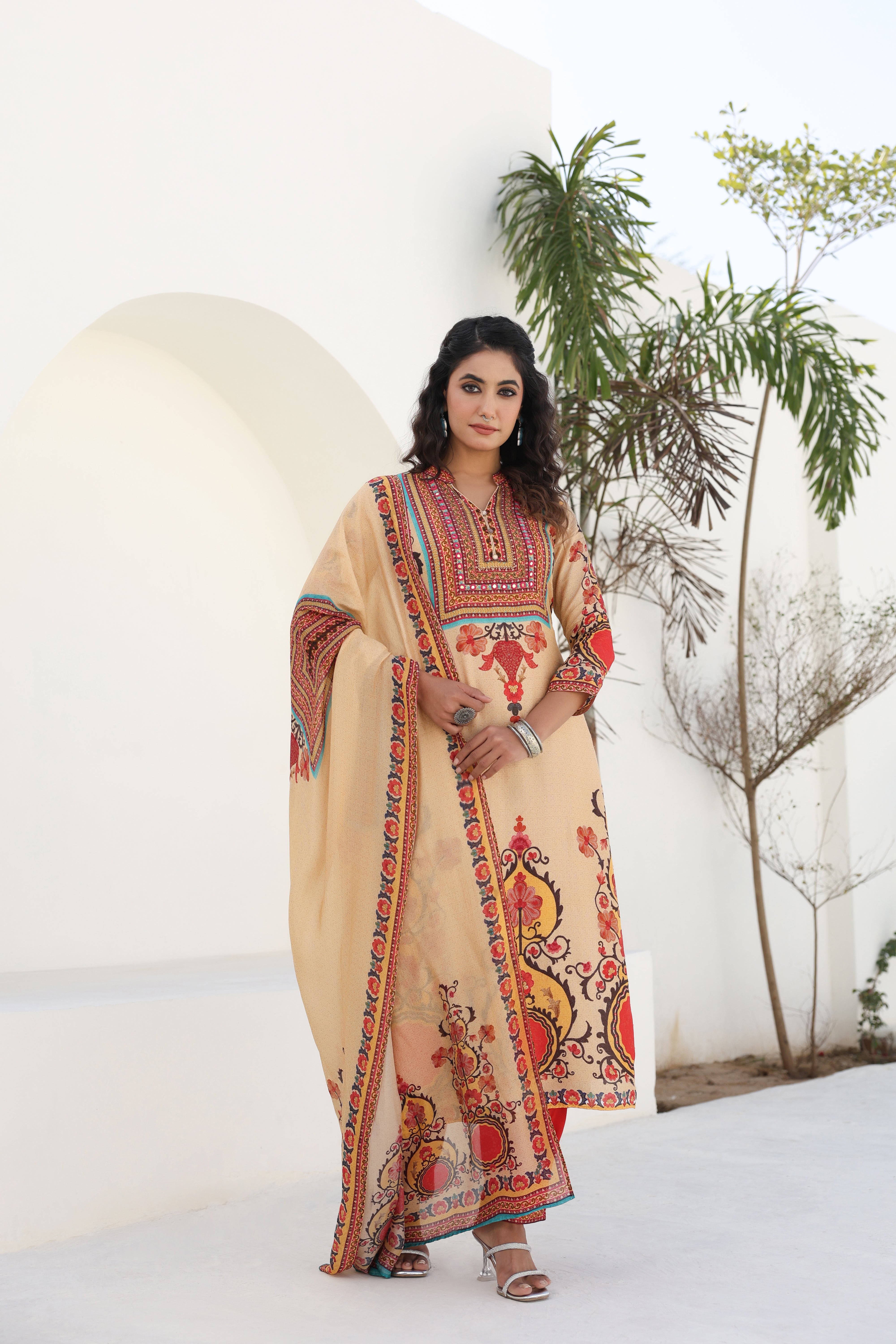 Cream Traditional Printed Dola Silk Kurta Pants Set