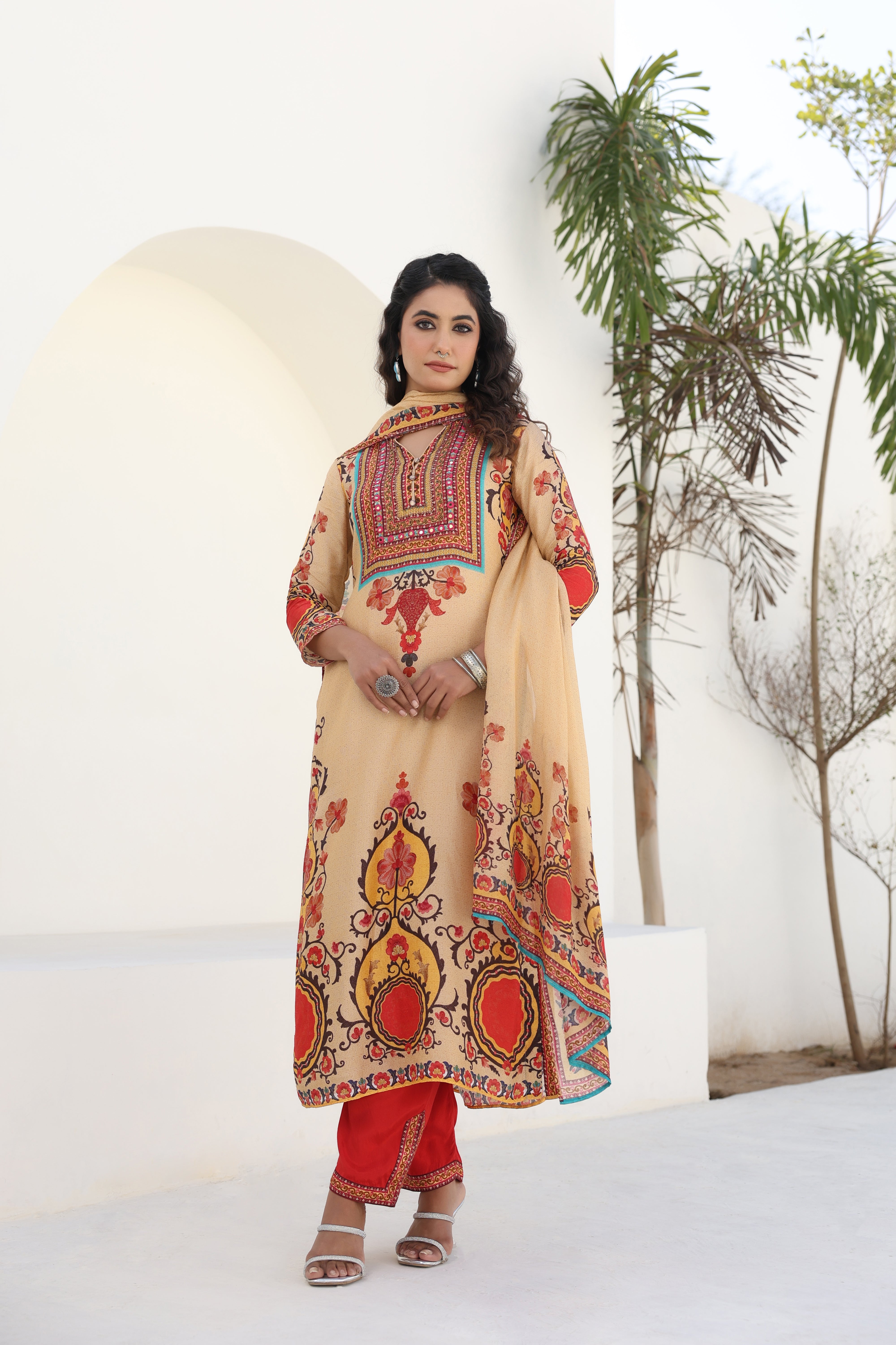 Cream Traditional Printed Dola Silk Kurta Pants Set