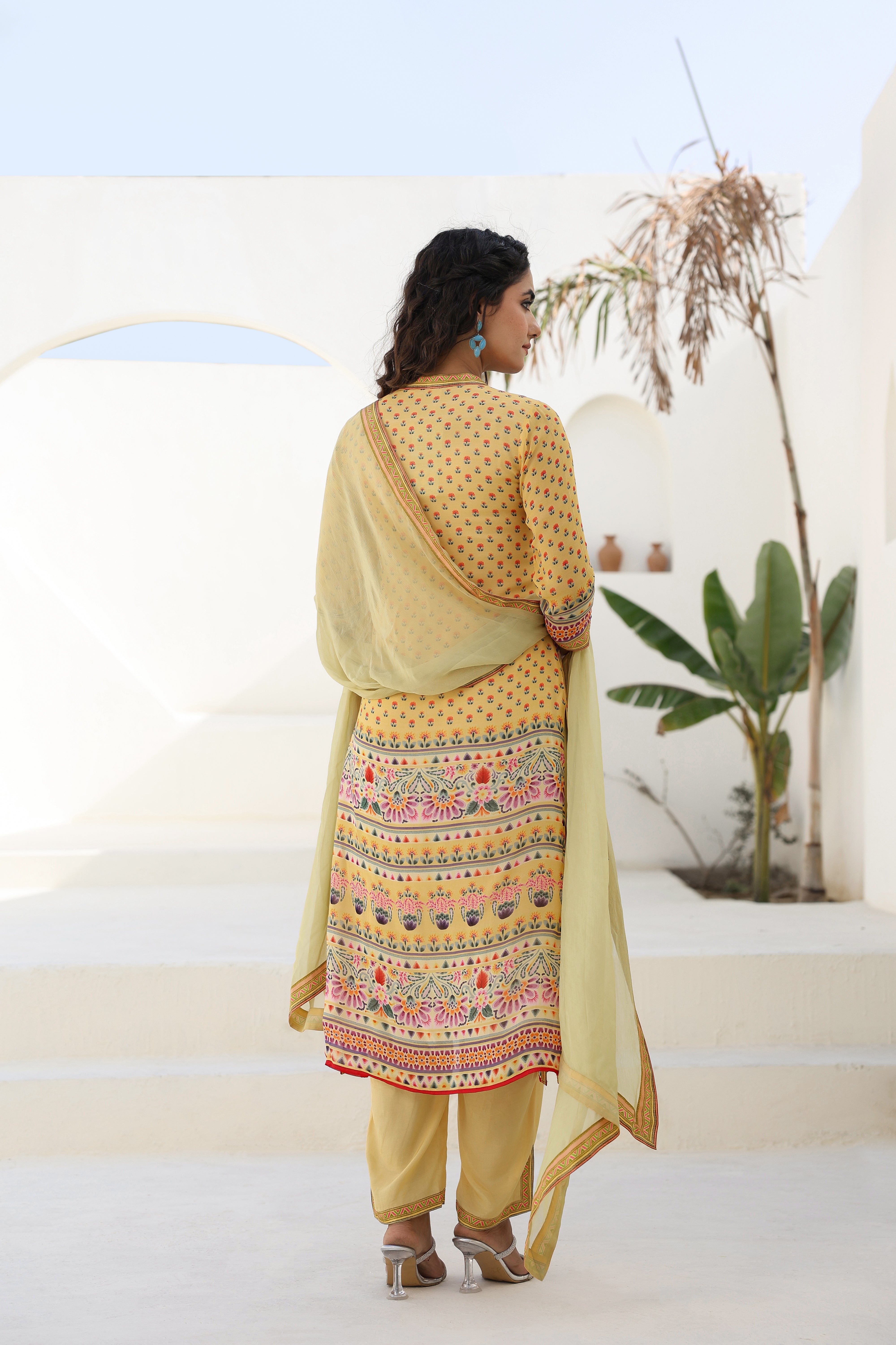 Sunshine Yellow Ethnic Printed Georgette Silk Kurta Pants Set