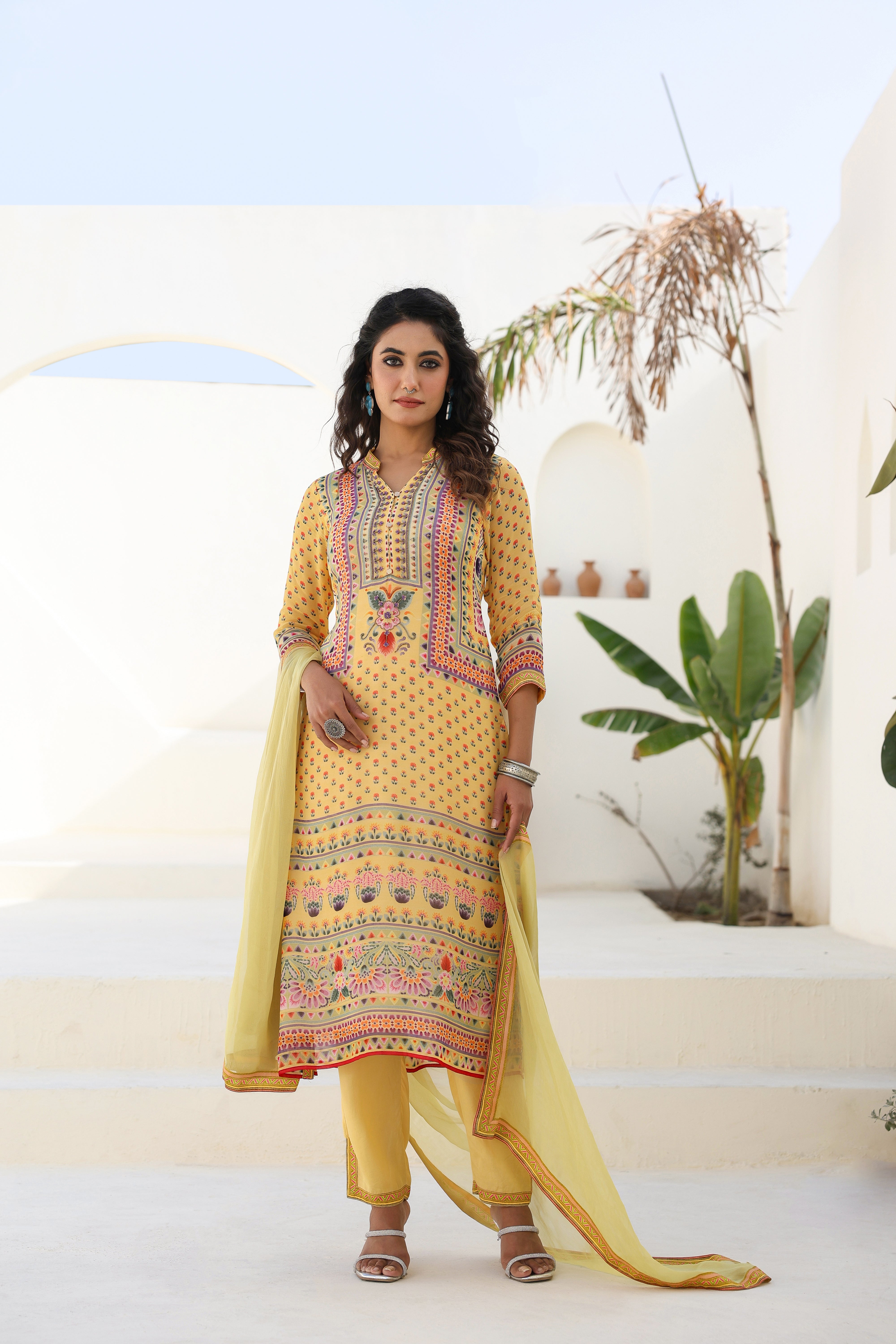 Sunshine Yellow Ethnic Printed Georgette Silk Kurta Pants Set