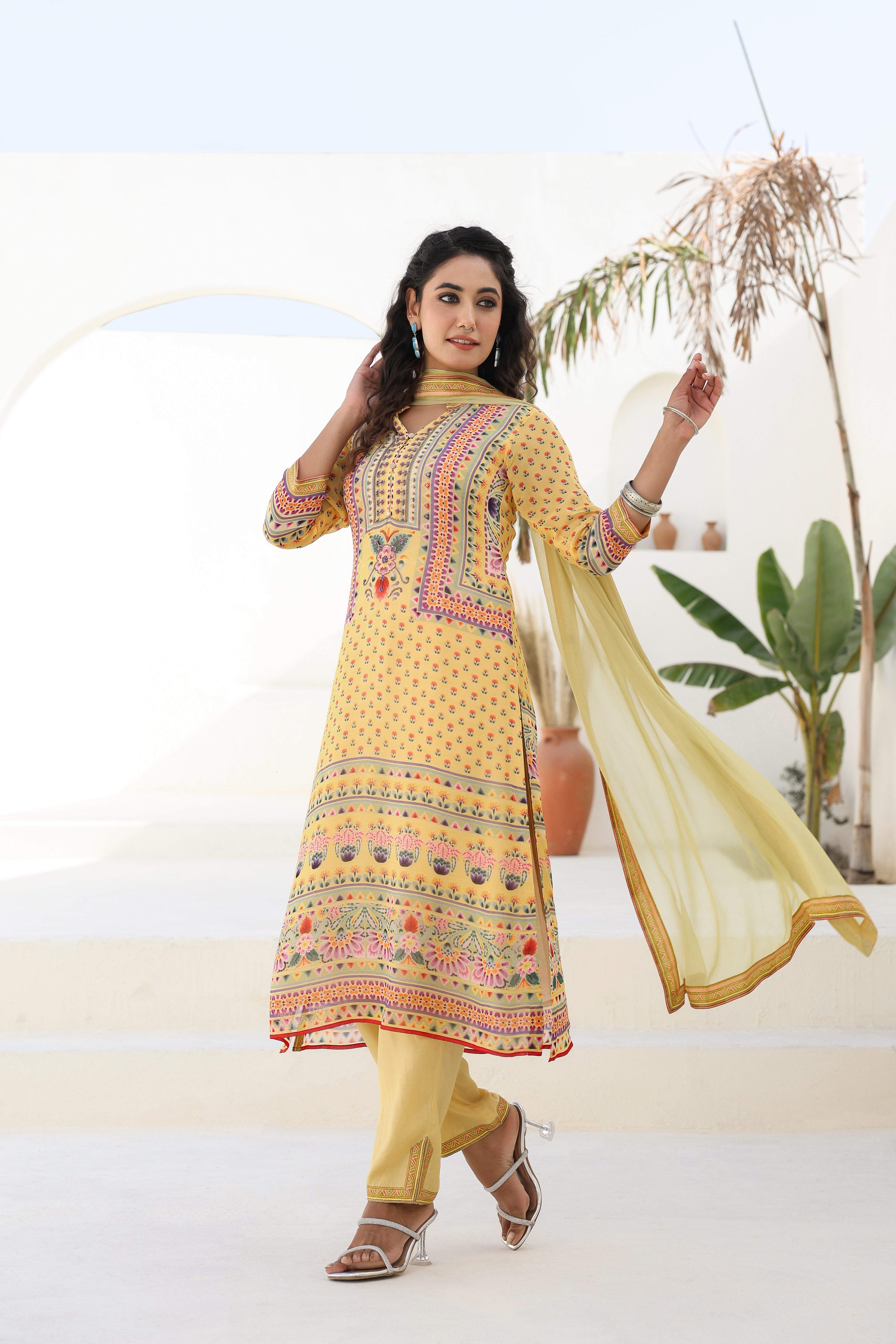 Sunshine Yellow Ethnic Printed Georgette Silk Kurta Pants Set