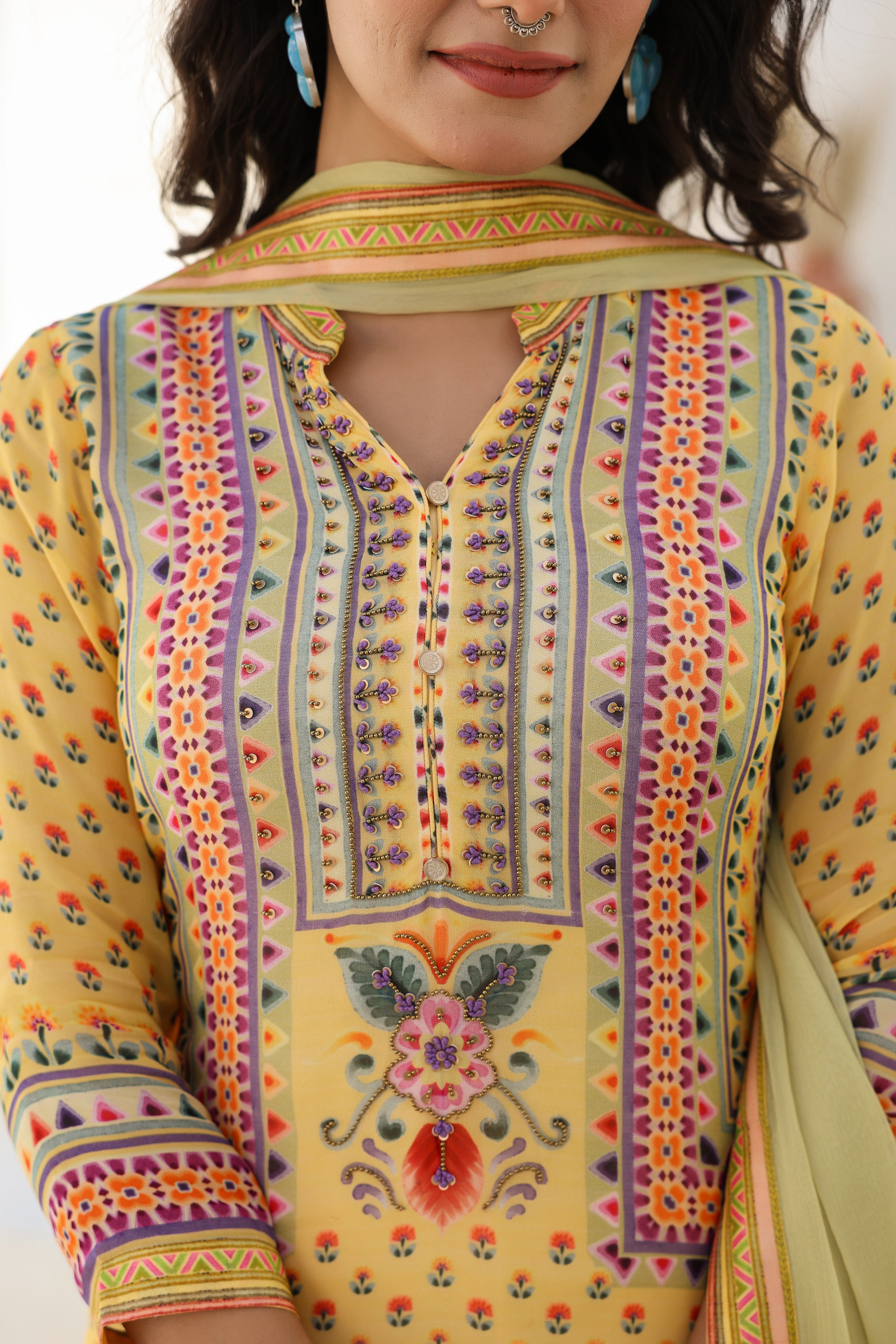 Sunshine Yellow Ethnic Printed Georgette Silk Kurta Pants Set