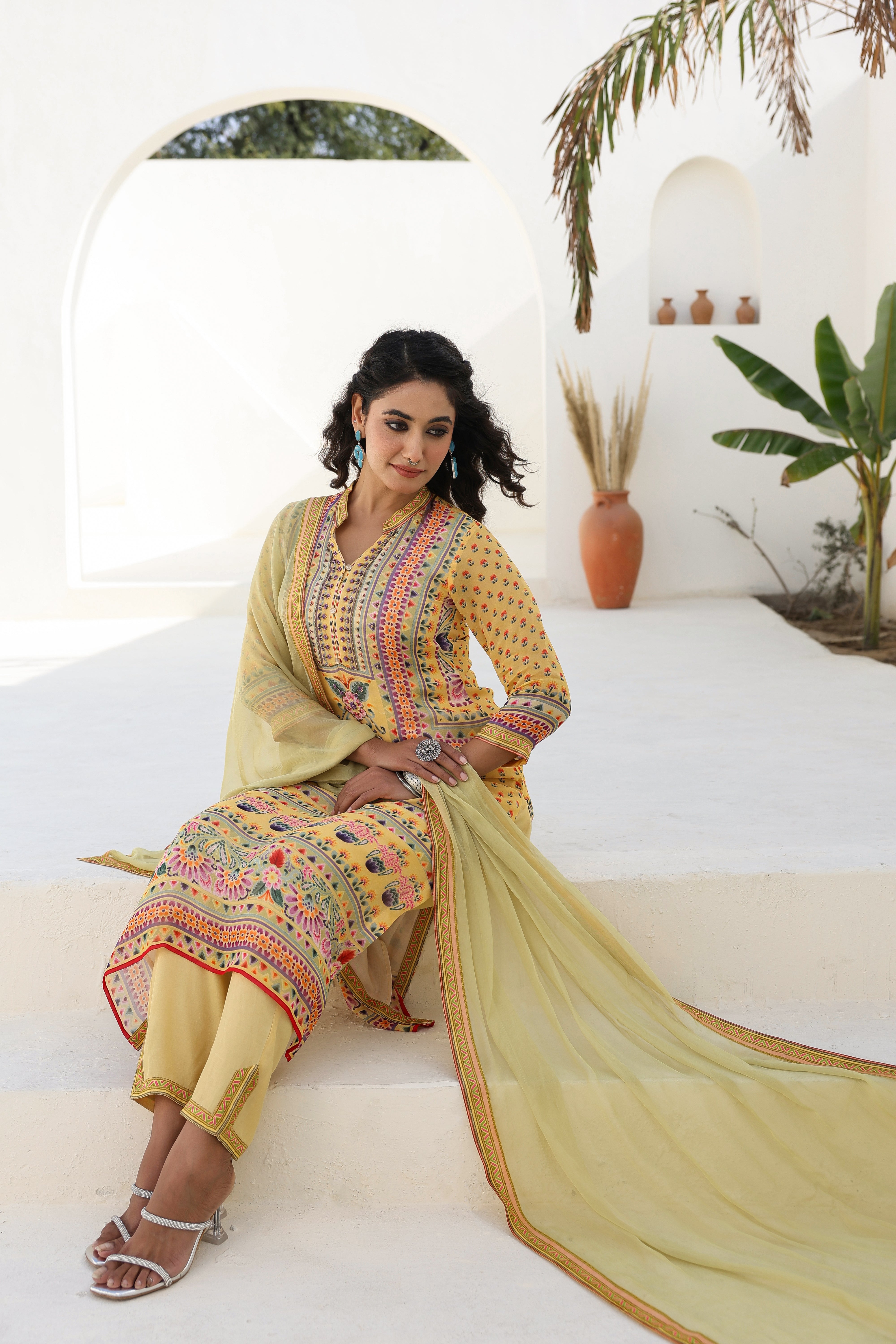 Sunshine Yellow Ethnic Printed Georgette Silk Kurta Pants Set