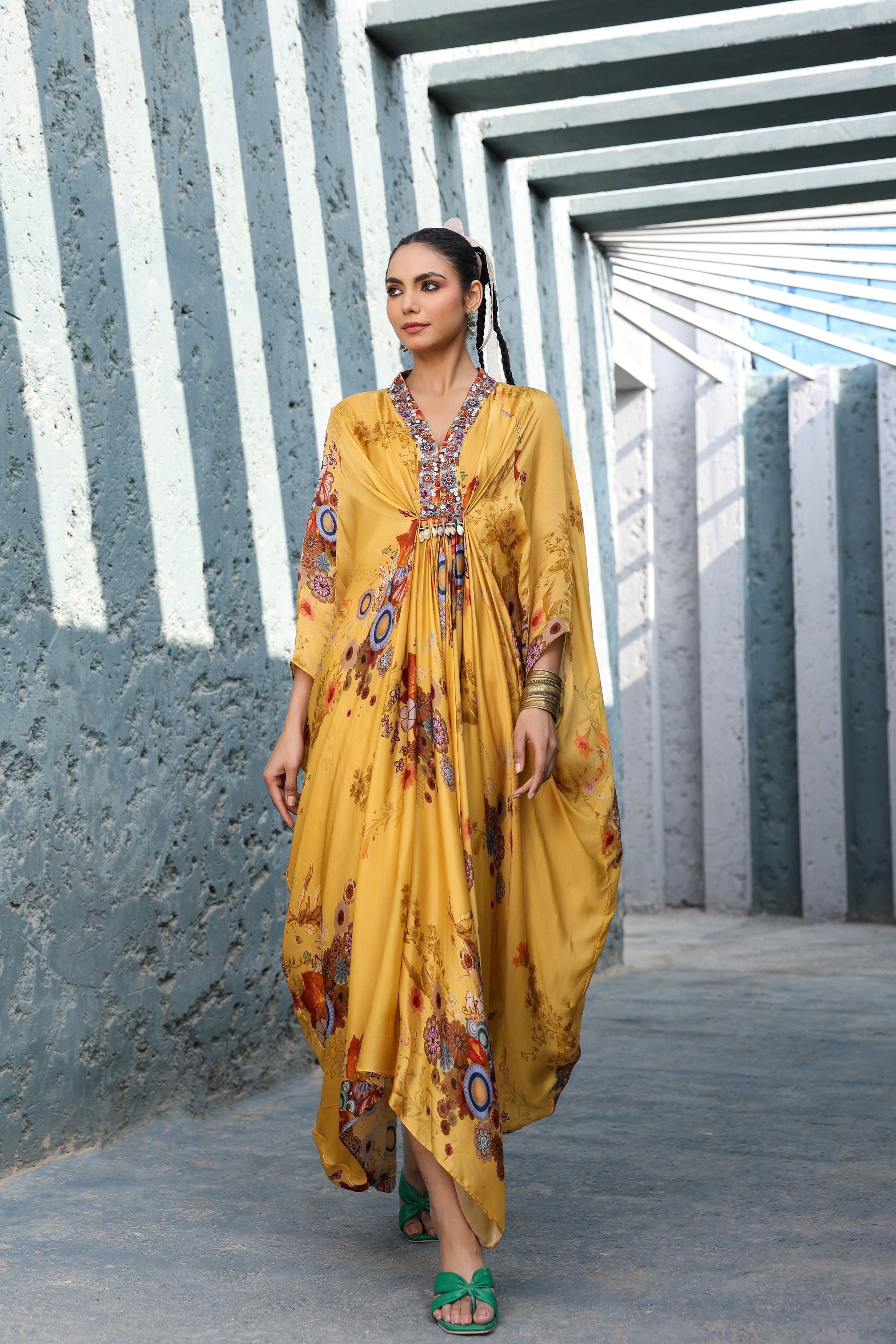 Bright Yellow Floral Printed Satin Silk Kaftan Gown