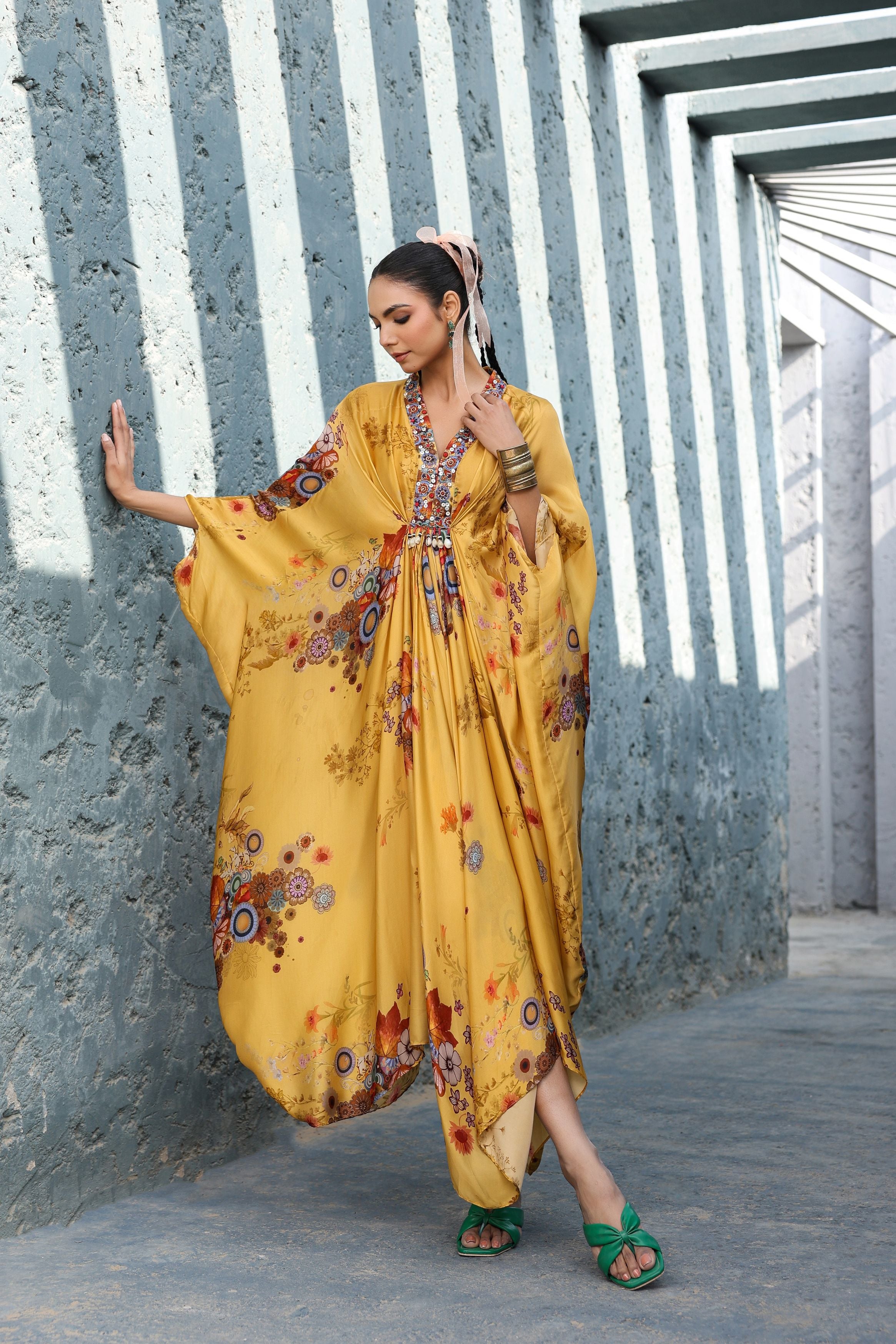 Bright Yellow Floral Printed Satin Silk Kaftan Gown