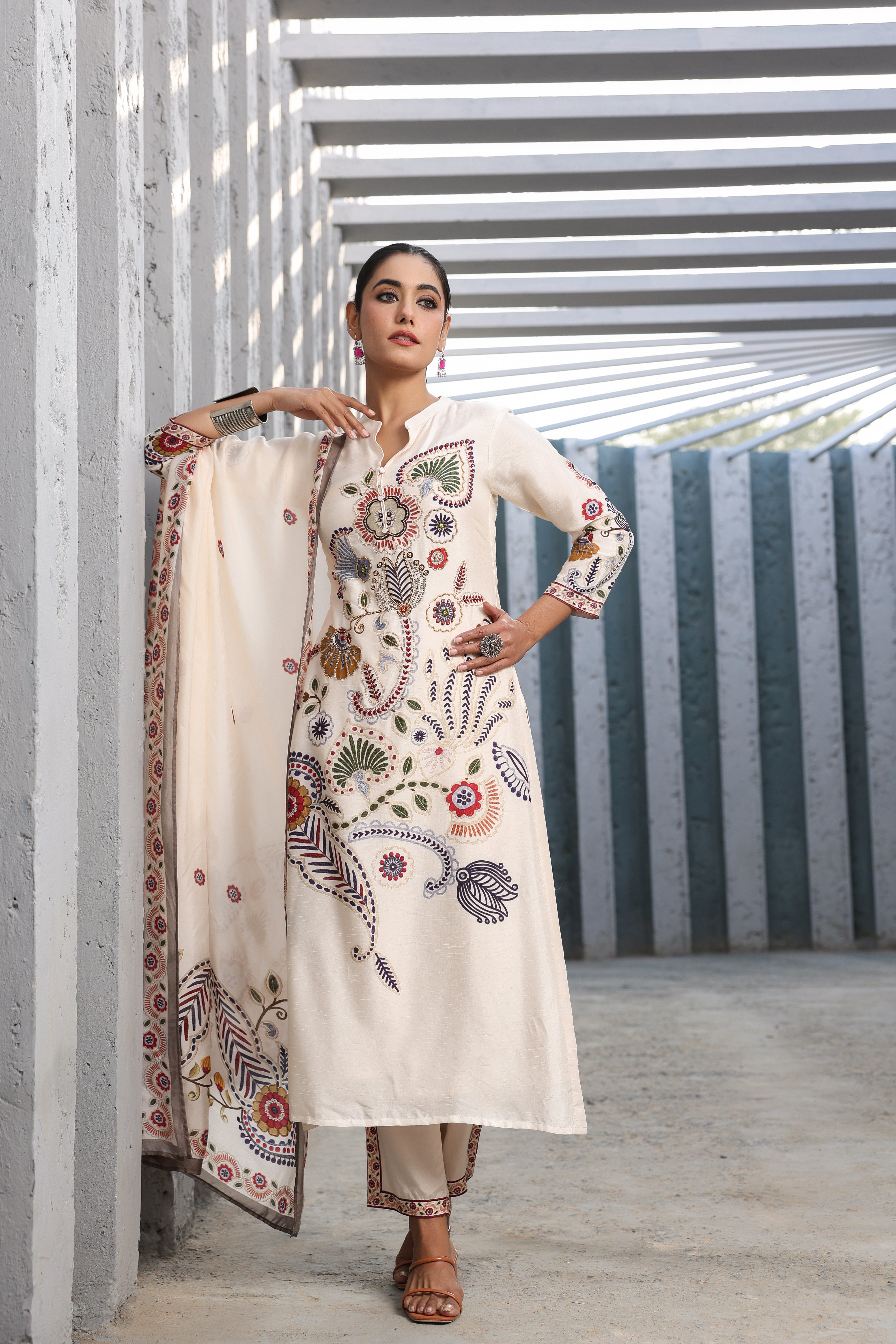 Cream Applique Printed Dola Silk Kurta Pants Set