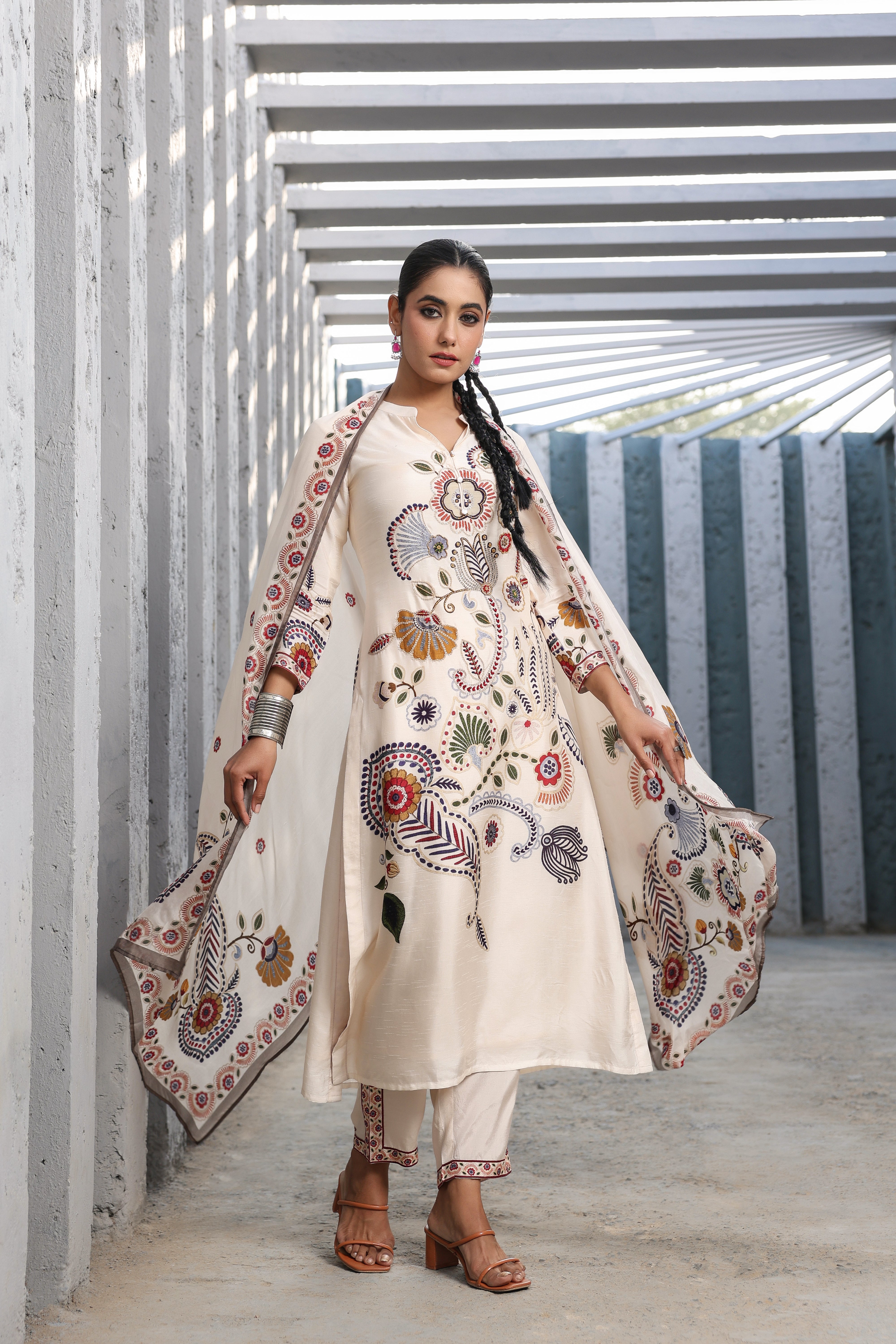 Cream Applique Printed Dola Silk Kurta Pants Set