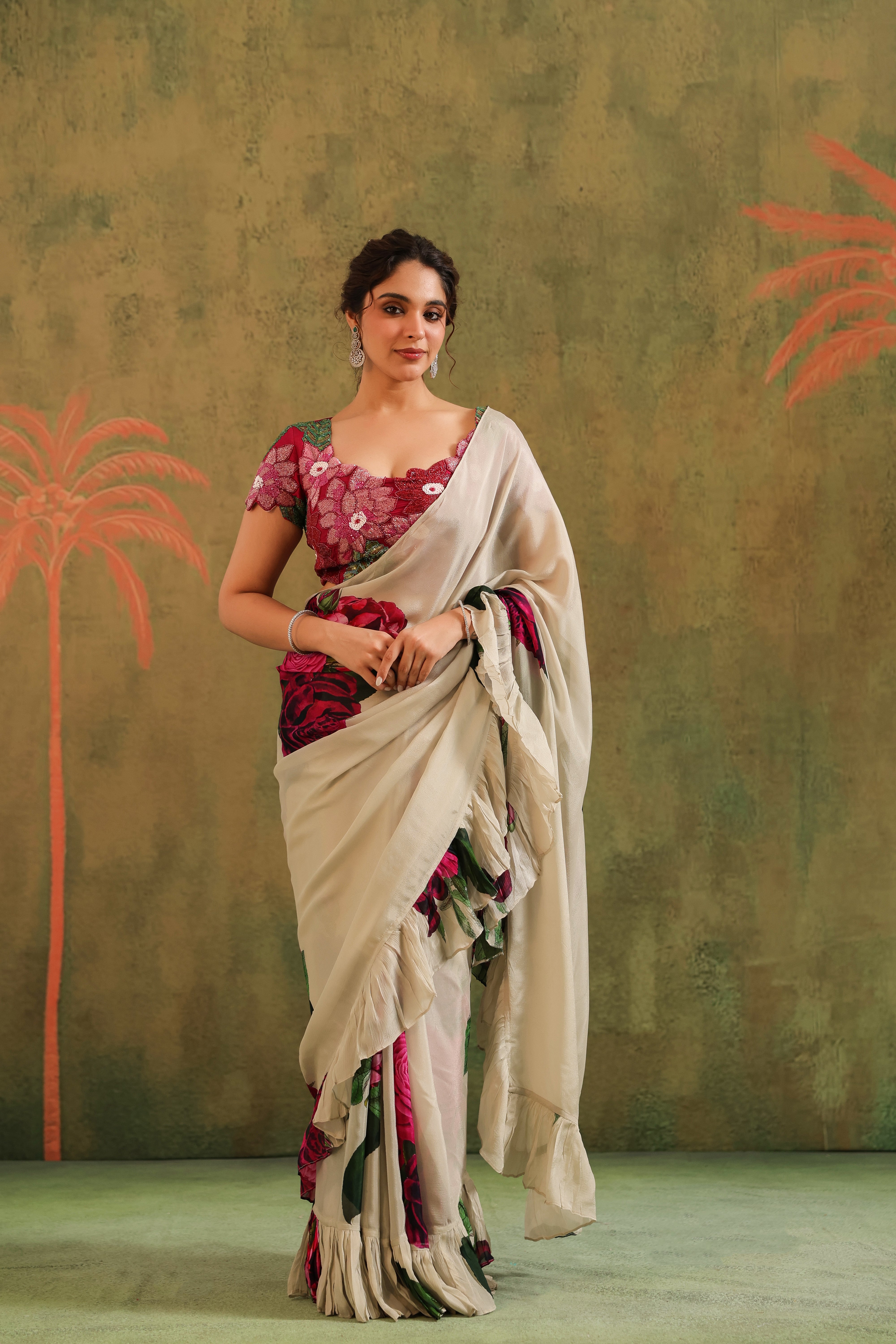 Beige Floral Printed Chinon Silk Saree
