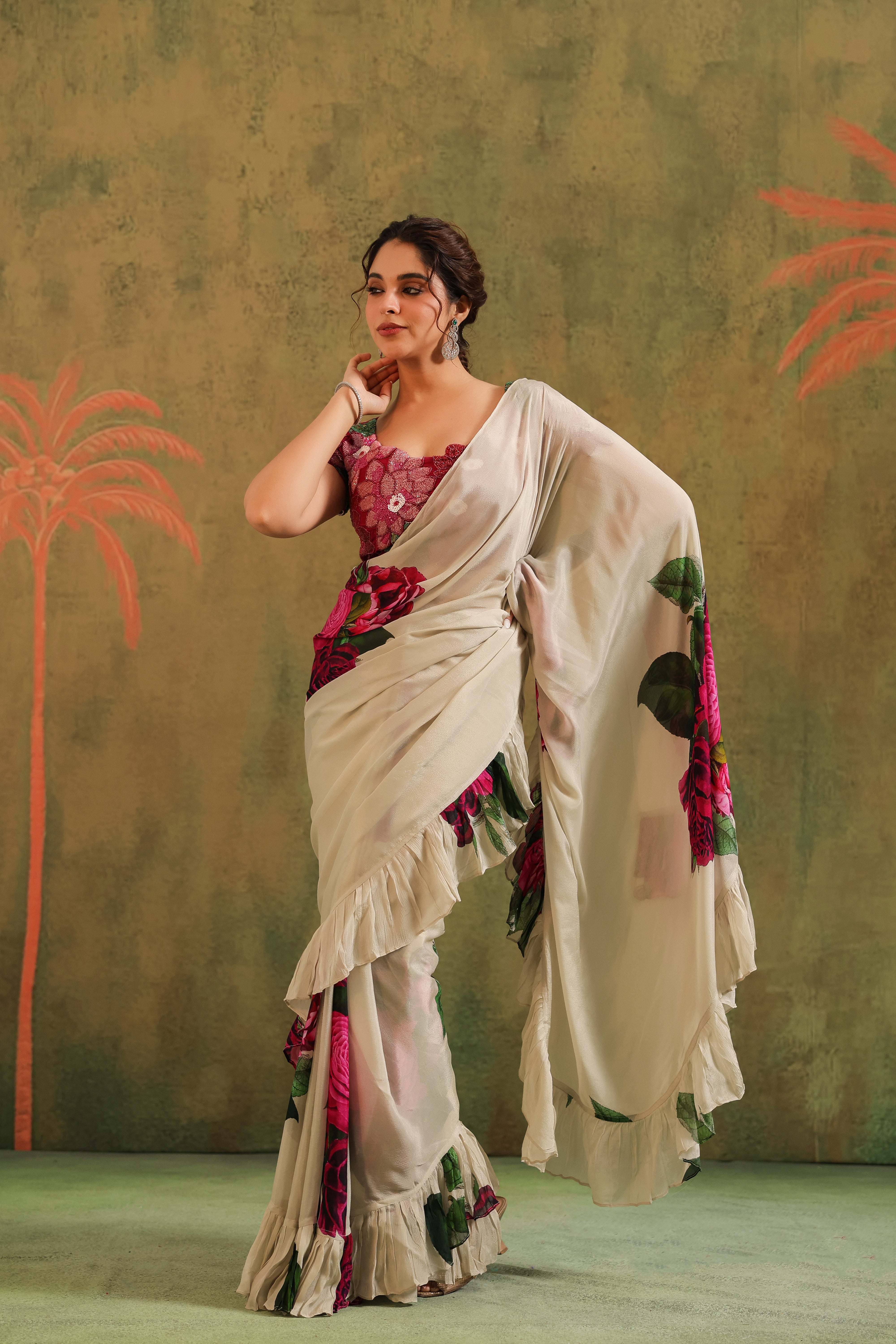 Beige Floral Printed Chinon Silk Saree