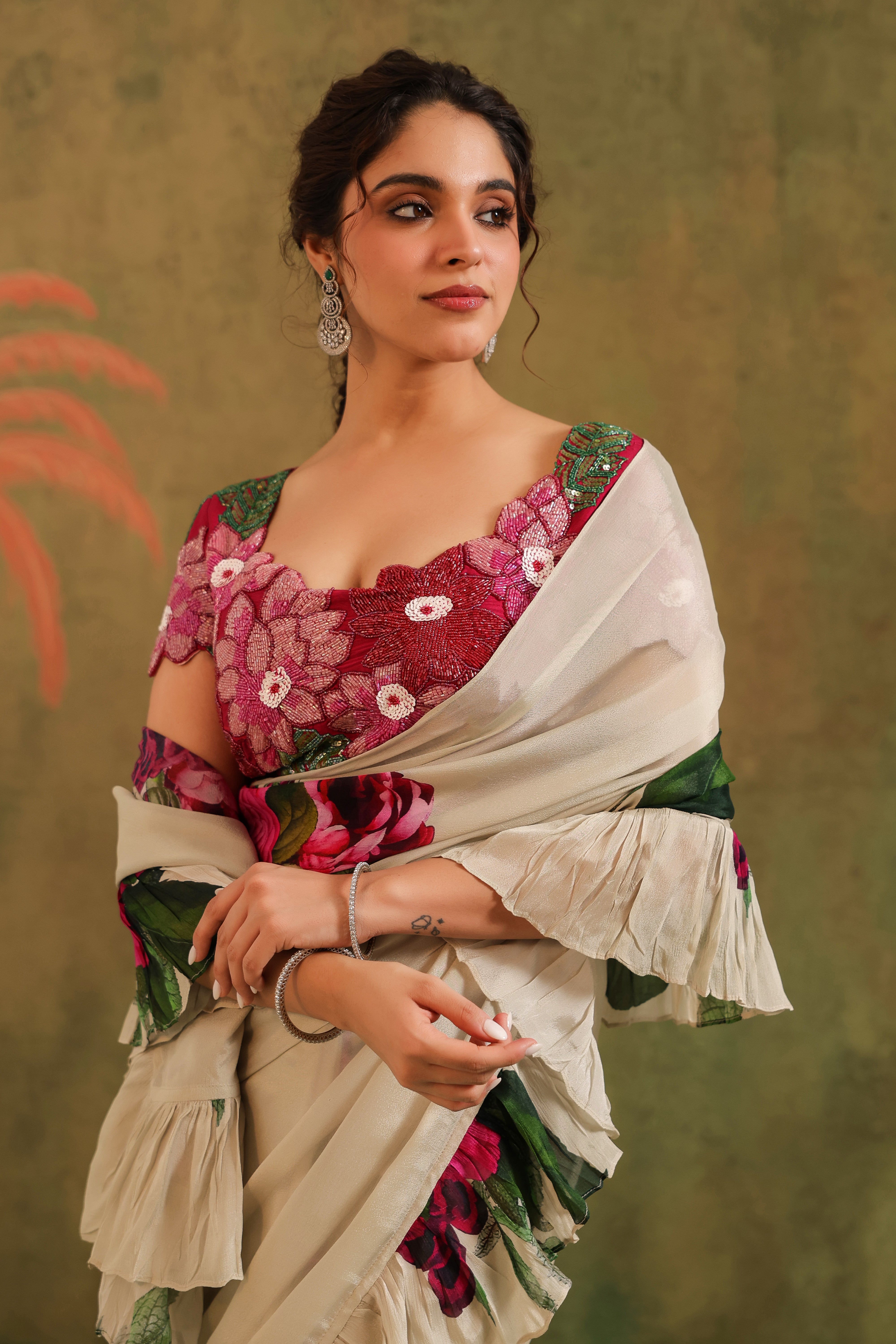 Beige Floral Printed Chinon Silk Saree