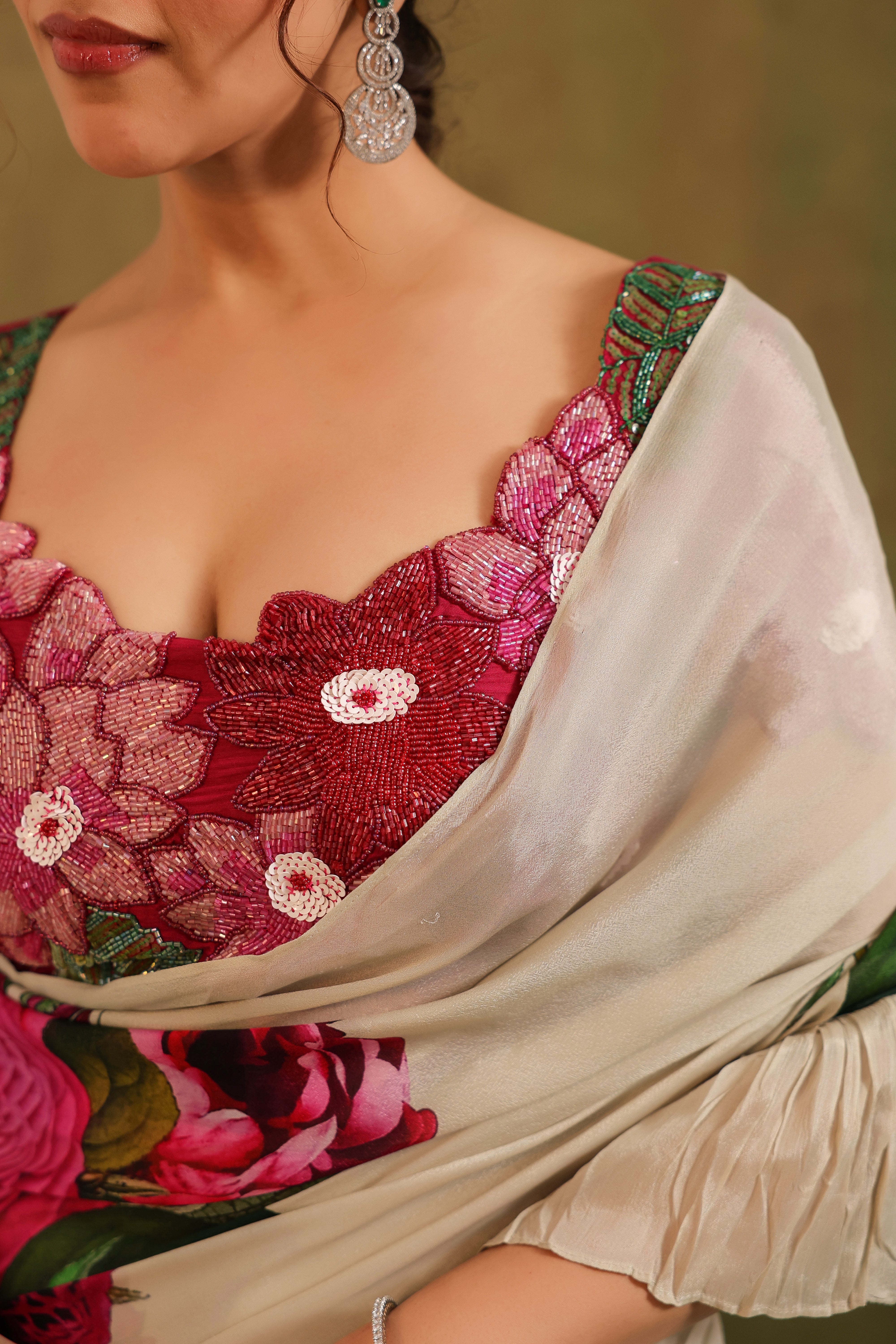 Beige Floral Printed Chinon Silk Saree