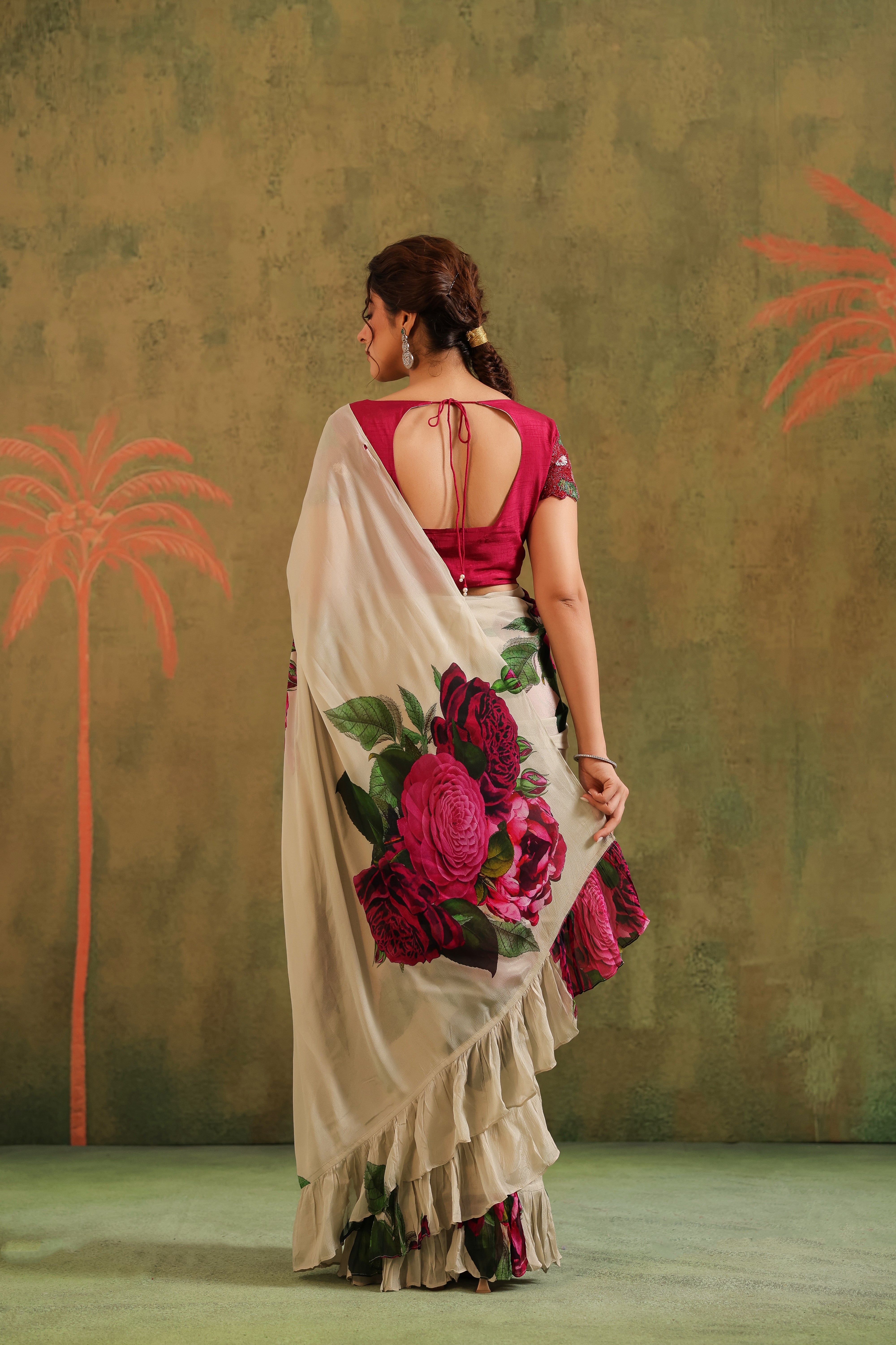 Beige Floral Printed Chinon Silk Saree